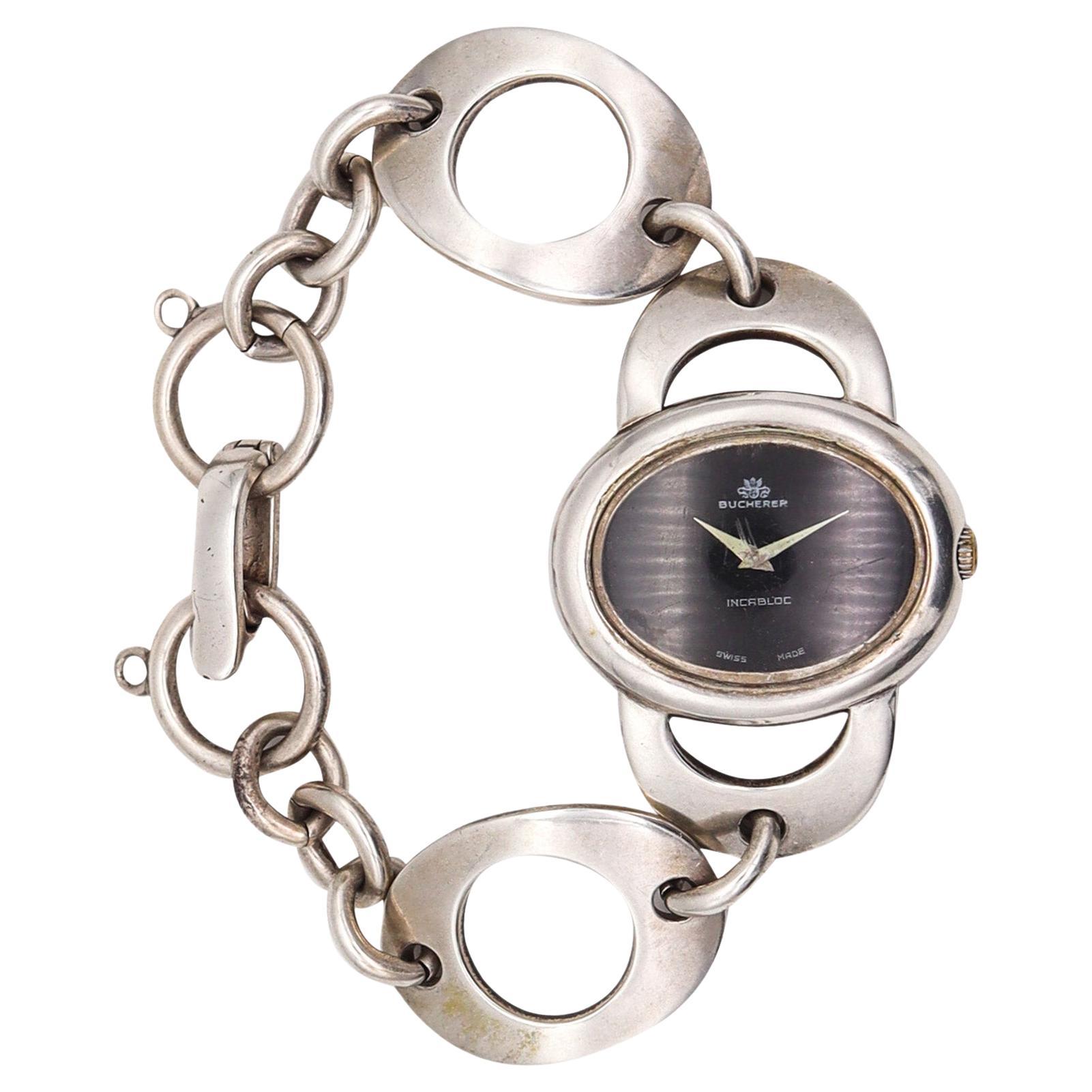 Bucherer Geneve 1960 Retro Modernistische Damenarmbanduhr aus massivem Sterlingsilber