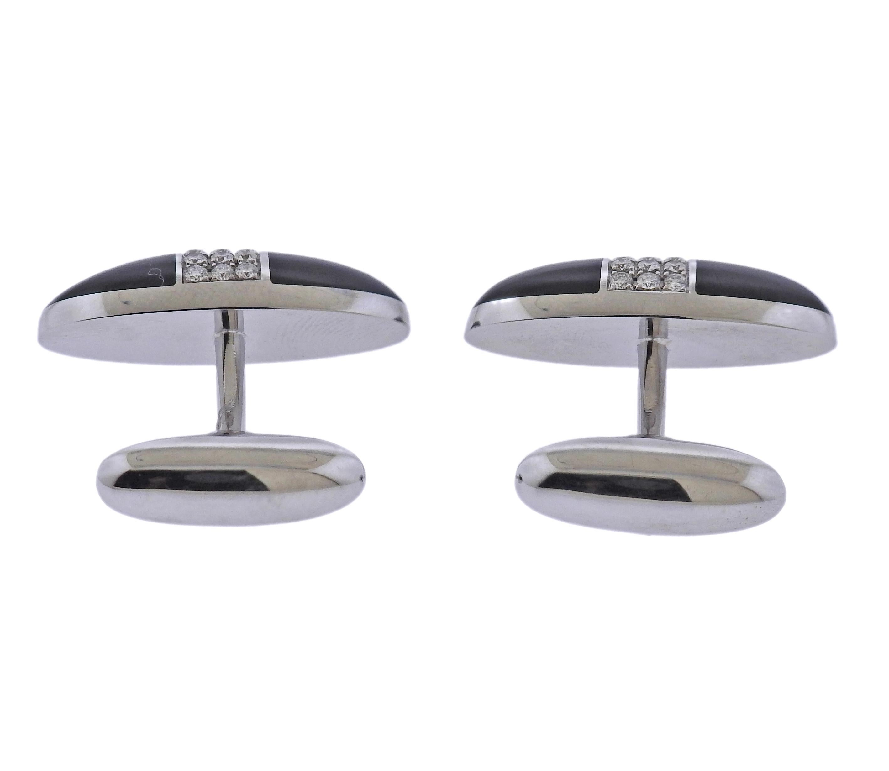 Round Cut Bucherer Gold Diamond Onyx Cufflinks For Sale