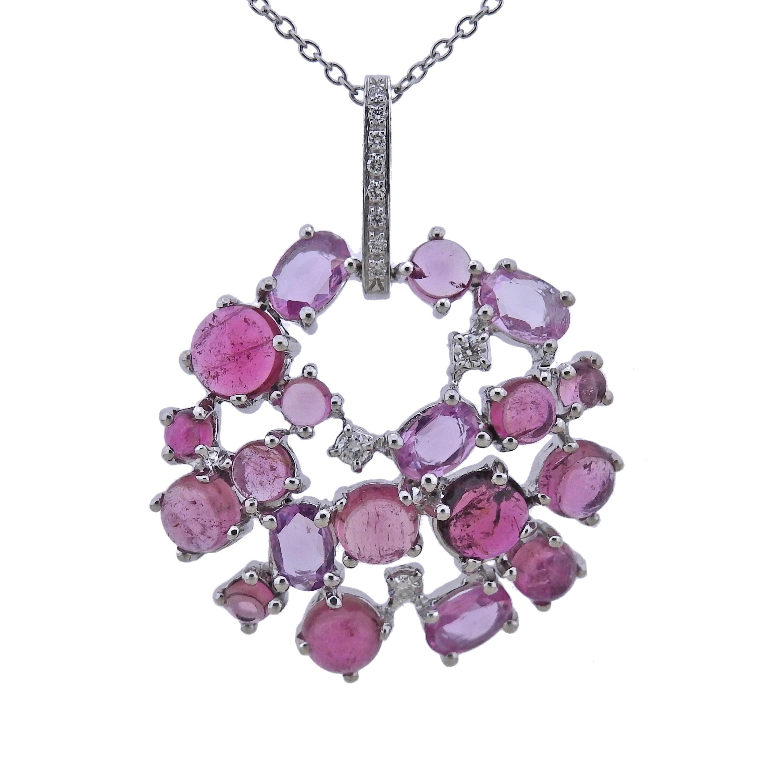 Round Cut Bucherer Gold Diamond Pink Sapphire Tourmaline Pendant Necklace