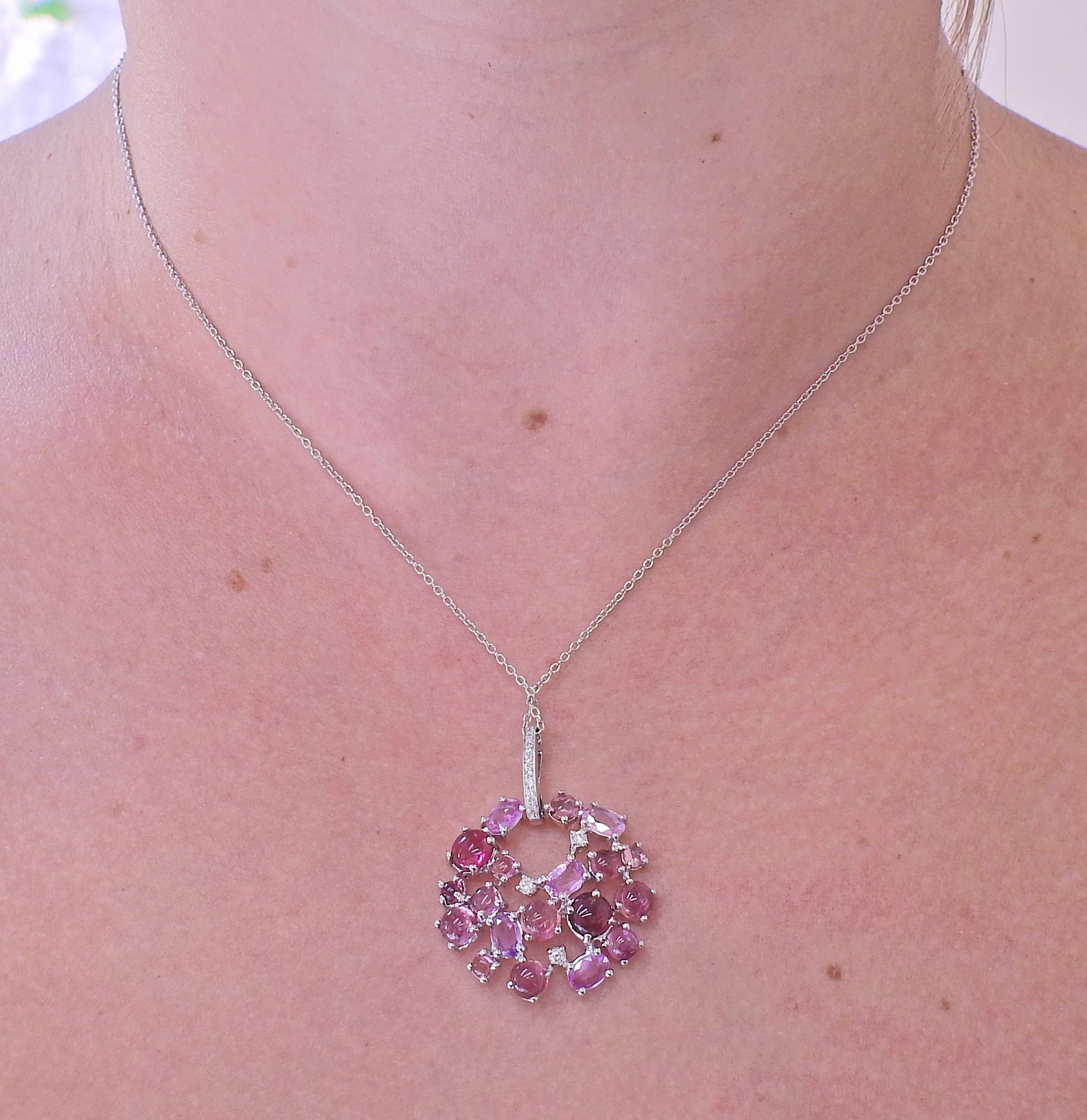 Bucherer Gold Diamond Pink Sapphire Tourmaline Pendant Necklace In New Condition In Lambertville, NJ
