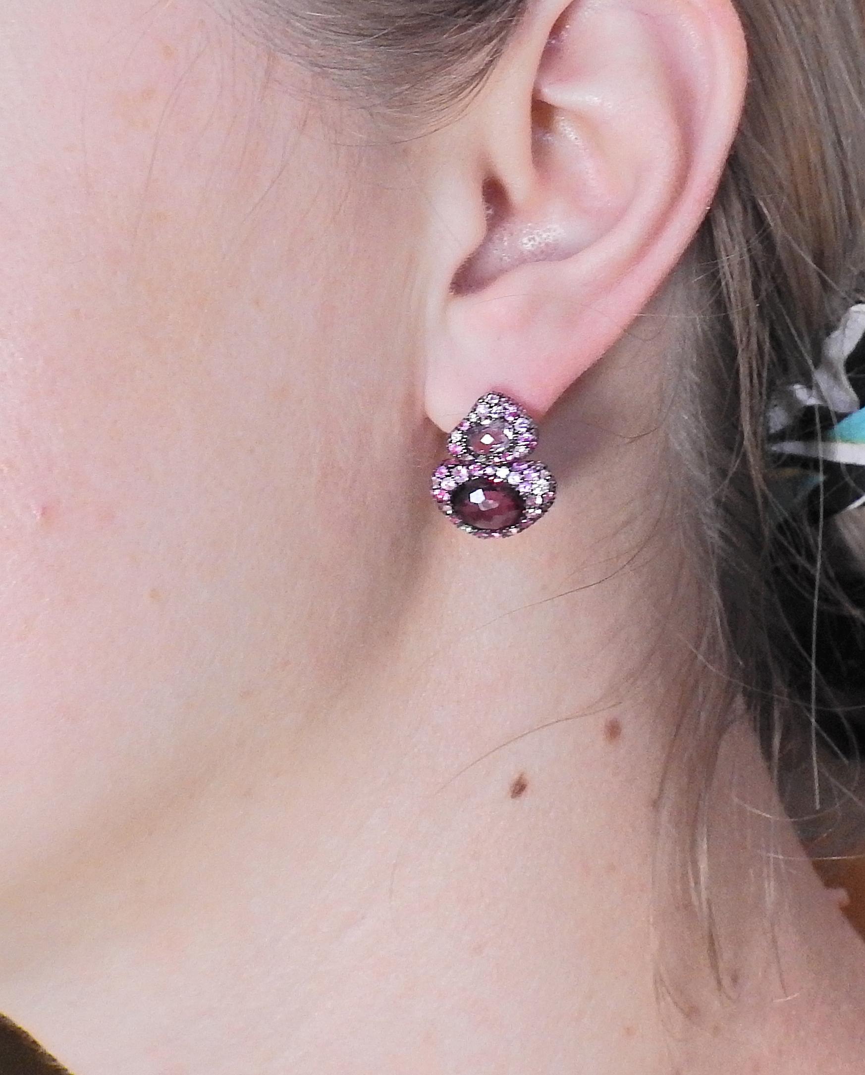 Women's Bucherer Gold Diamond Rhodolite Amethyst Sapphire Earrings