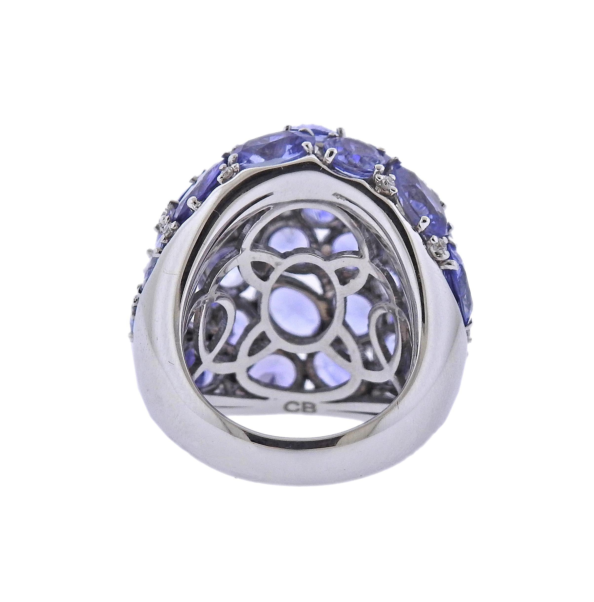 Round Cut Bucherer Gold Diamond Sapphire Cocktail Dome Ring For Sale