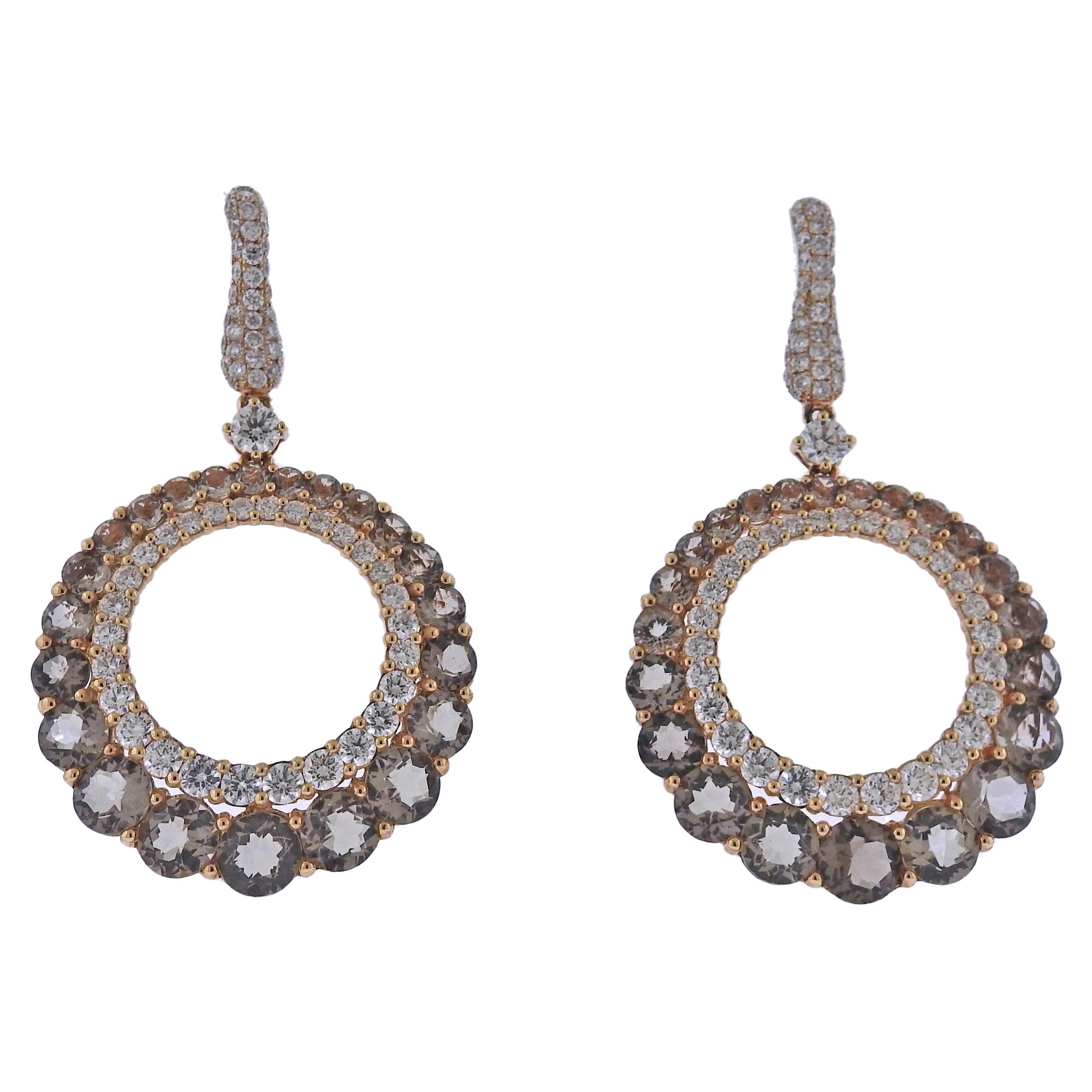 Bucherer Gold Diamond Smoky Quartz Circle Drop Earrings