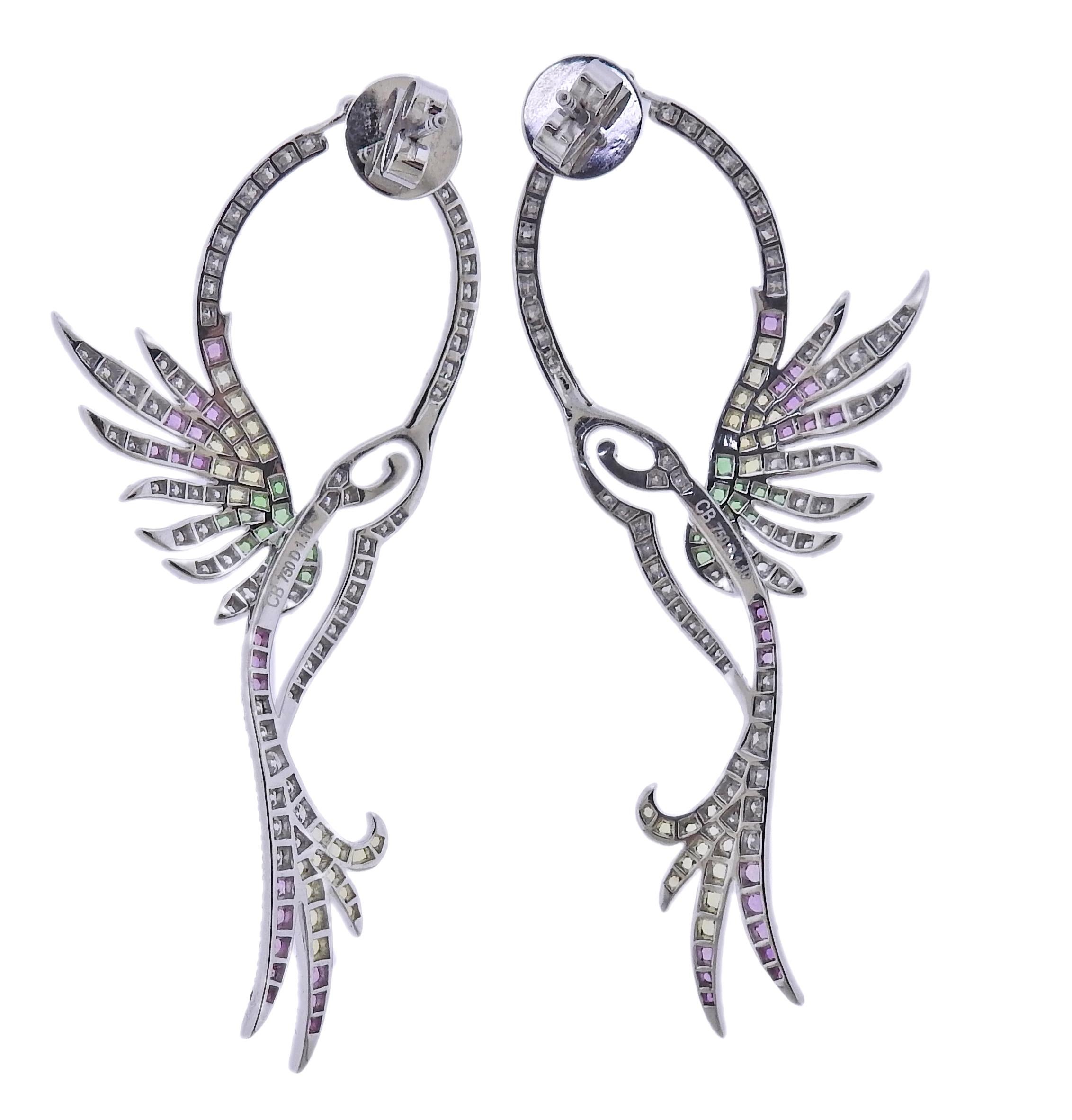Round Cut Bucherer Gold Diamond Tsavorite Emerald Sapphire Bird Earrings For Sale