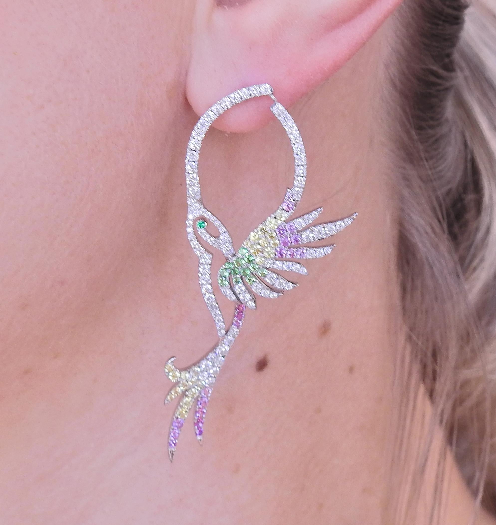 Bucherer Gold Diamond Tsavorite Emerald Sapphire Bird Earrings In New Condition For Sale In Lambertville, NJ