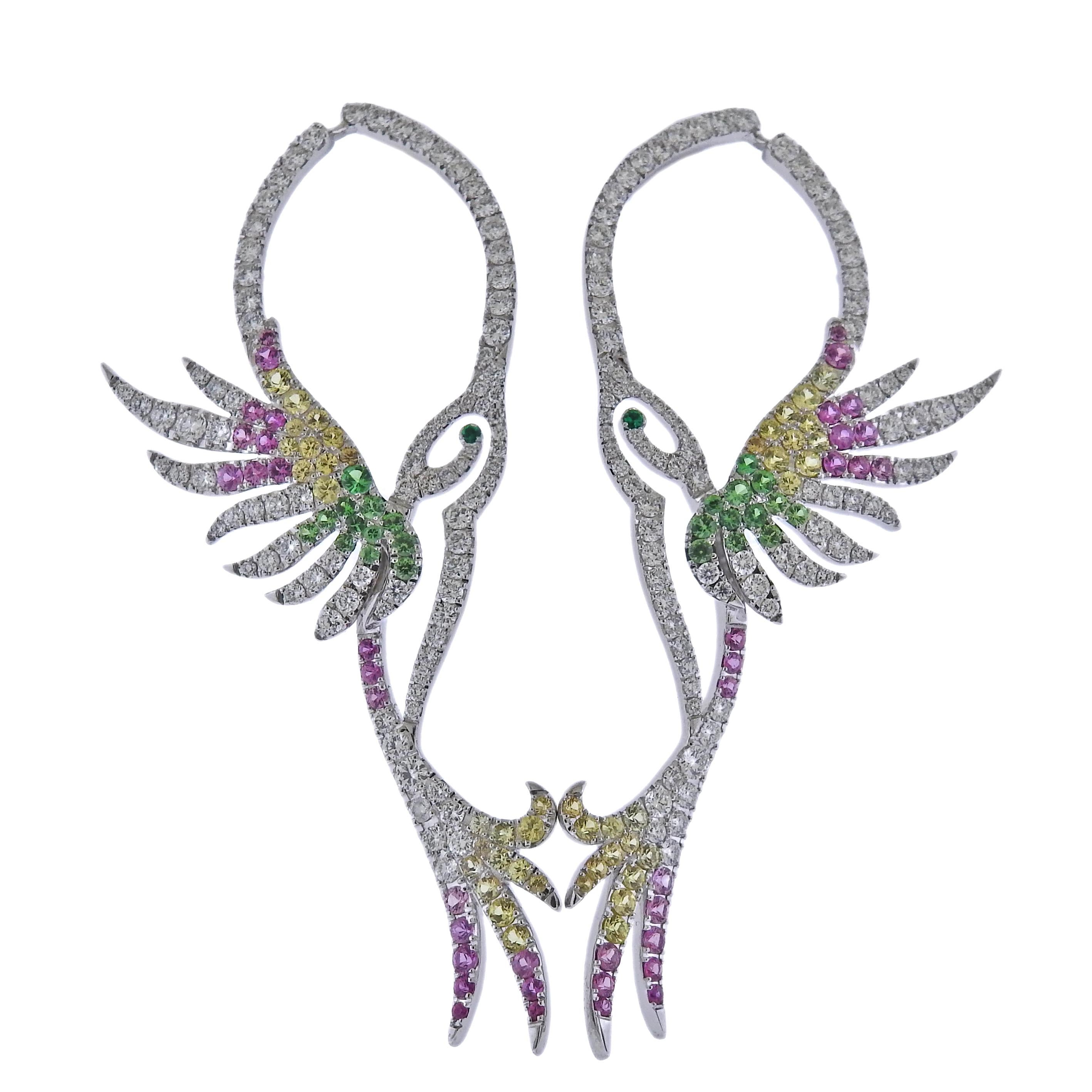 Bucherer Gold Diamond Tsavorite Emerald Sapphire Bird Earrings For Sale