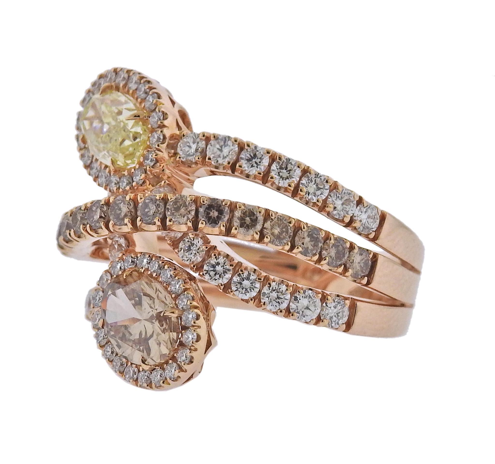 Brand new with tag Bucherer ring, in 18k gold, with 1.02ct yellow, 1.02ct brown and 1.33ctw surrounding SI and fancy diamonds. Comes with box. Ring size - 7, ring top is 25mm wide.  Weight - 13.6 grams. Marked: CB 750.