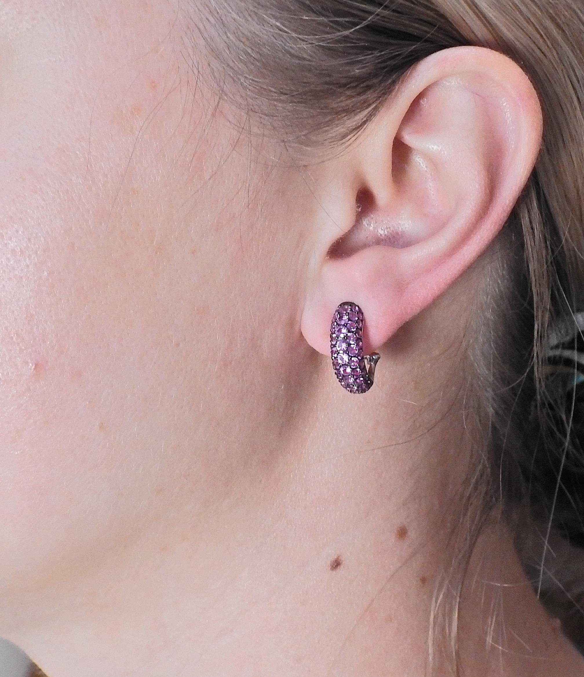 Bucherer Gold Pink Sapphire Half Hoop Earrings In New Condition For Sale In Lambertville, NJ