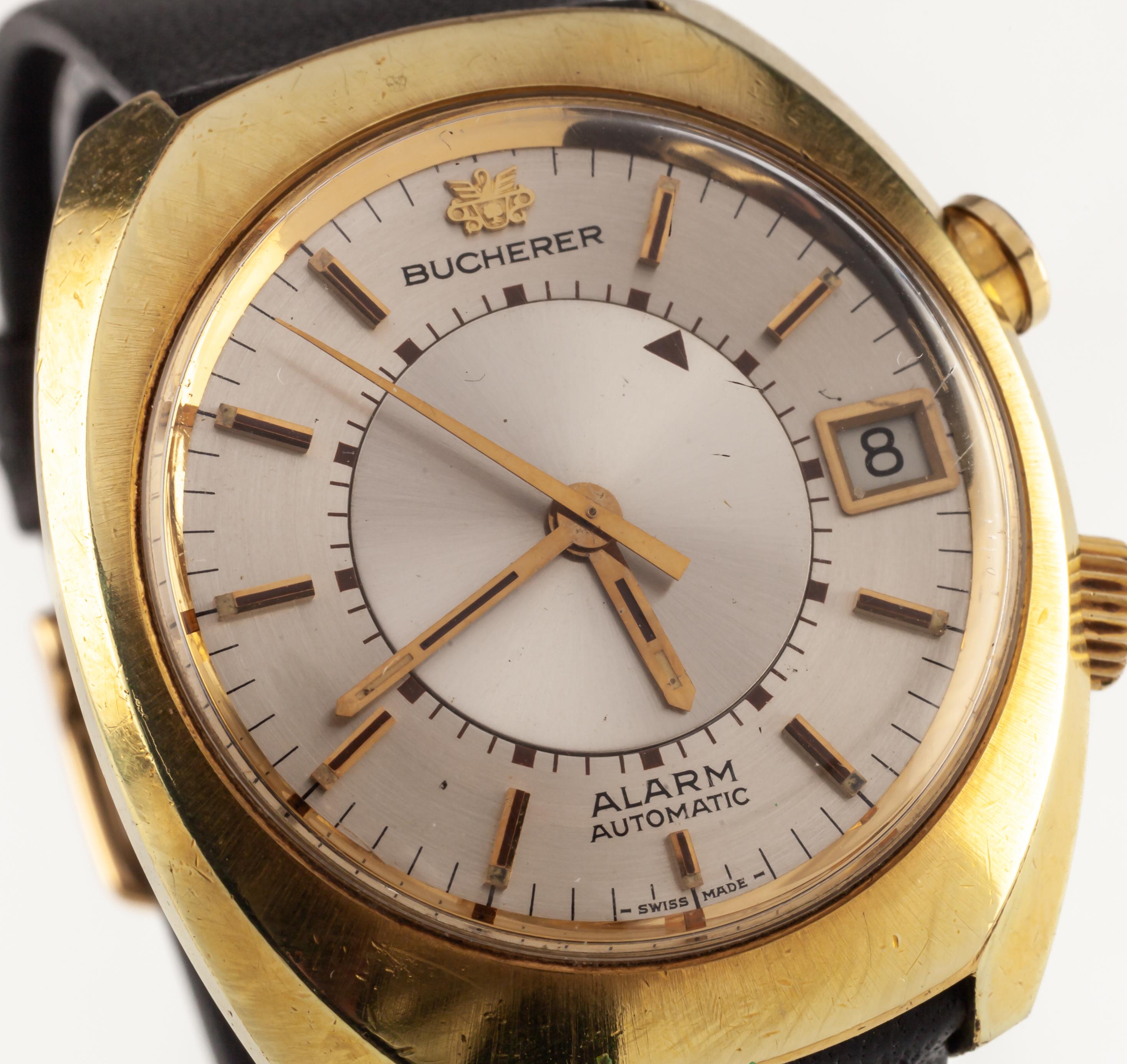 Bucherer Montre d'alarme automatique « Mémomatic » plaquée or avec bracelet en cuir 2980 Date Pour hommes en vente