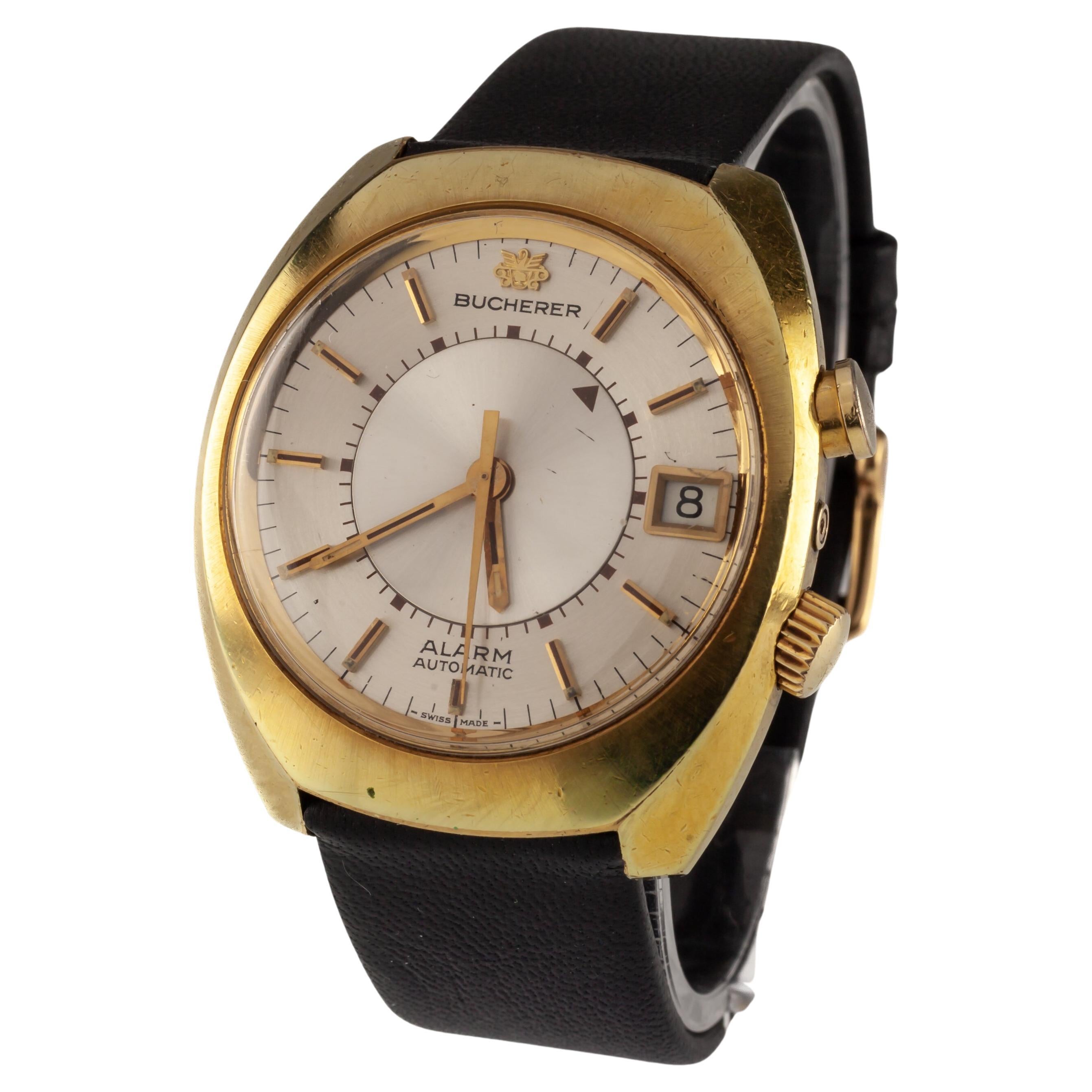Bucherer Gold-Plated Alarm Watch Automatic "Memomatic" w/ Leather Band 2980 Date
