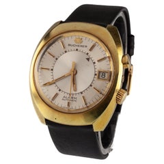 Retro Bucherer Gold-Plated Alarm Watch Automatic "Memomatic" w/ Leather Band 2980 Date