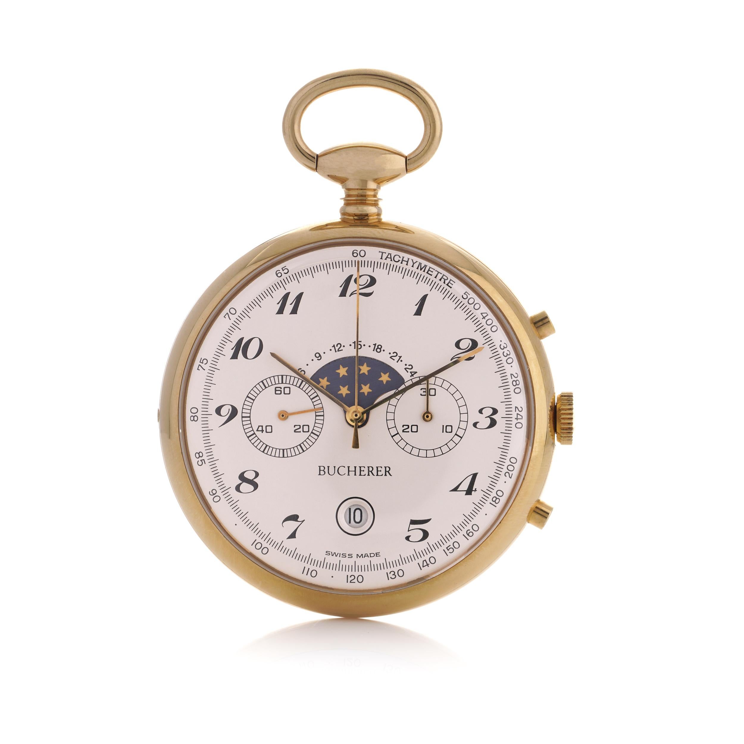 Bucherer gold-plated moon phase chronograph pocket watch.

Details:
Circa Date: After 2000
Case size: 42 mm
Style: Open Face, swing-out style case
Material: gold plated
Dial Colour: White
Dial: White enamel
Numerals: Breguet numerals
Index