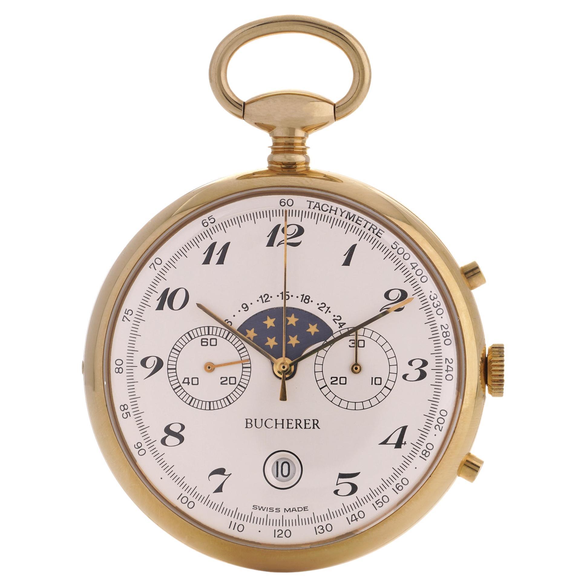 Bucherer gold-plated moon phase chronograph pocket watch For Sale
