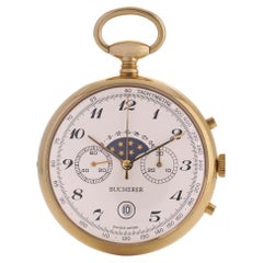 Antique Bucherer gold-plated moon phase chronograph pocket watch