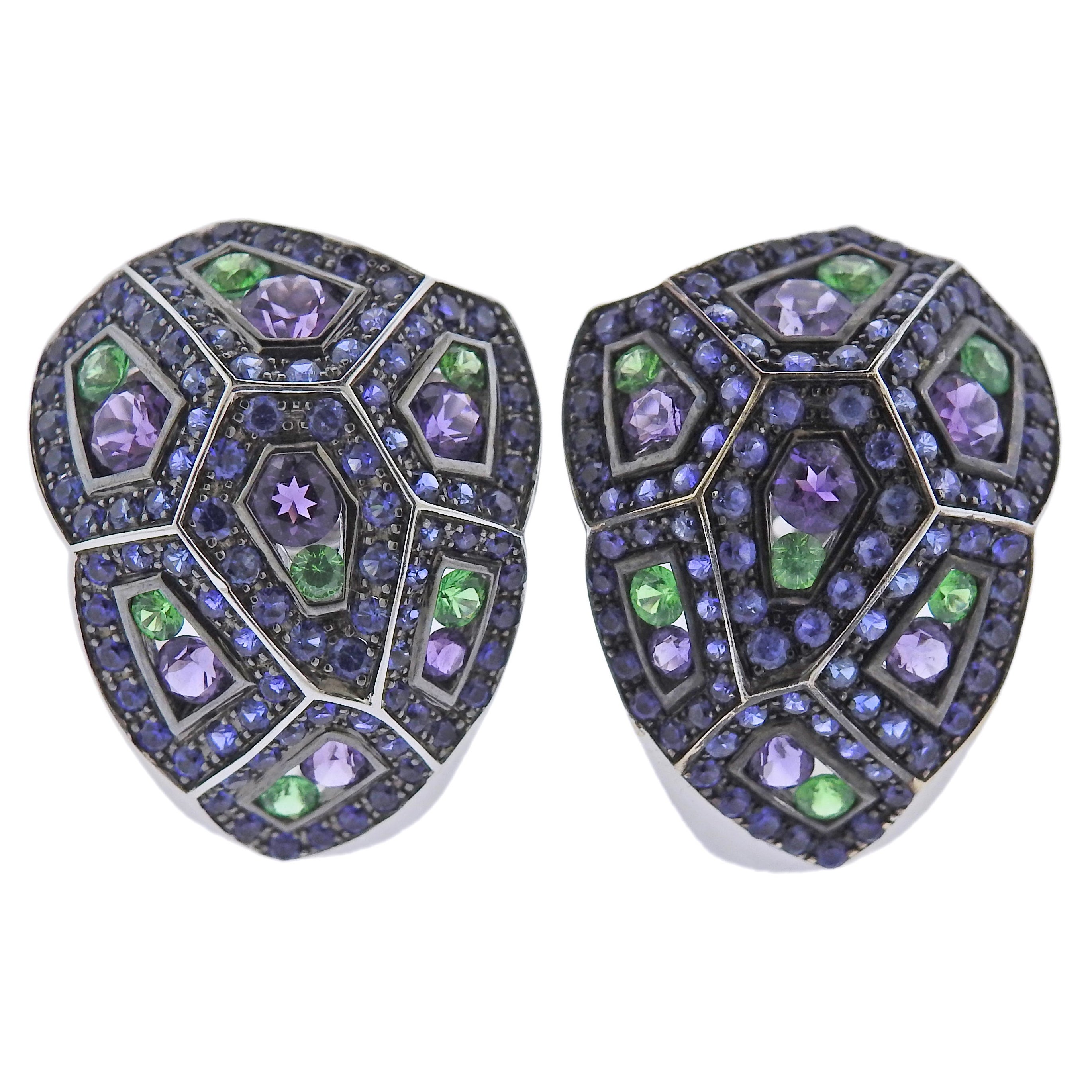Bucherer Gold Sapphire Amethyst Tsavorite Earrings For Sale