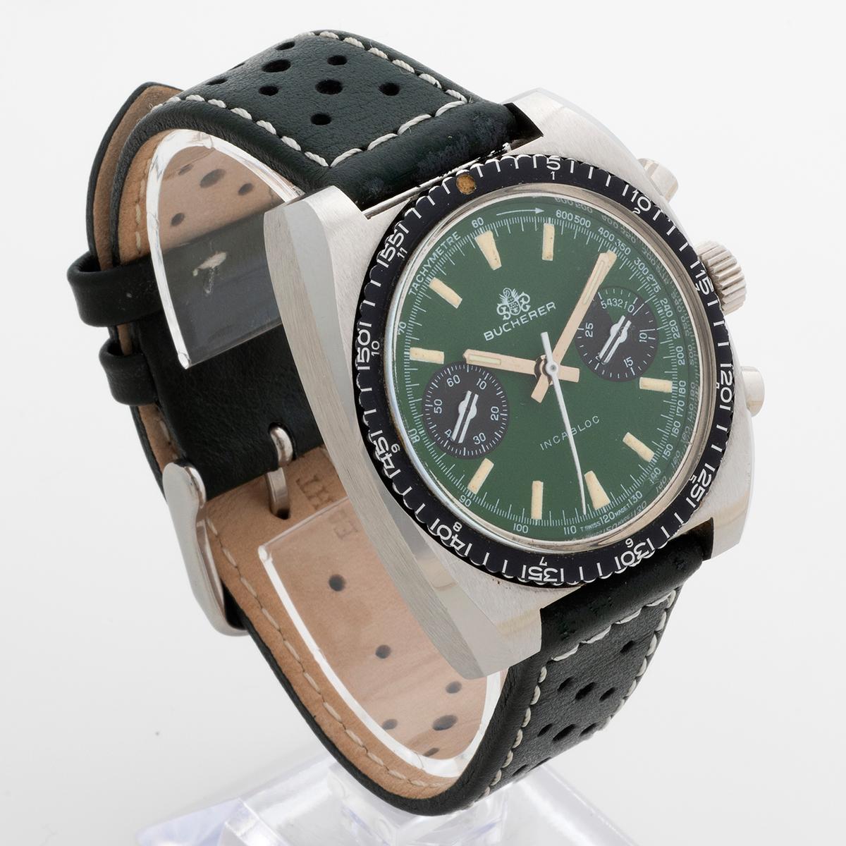 Our vintage and very rare Bucherer Incabloc Chronograph features a 40mm case stainless steel case (inc crown) by 4.5mm lug to lug, with rotating bezel. Powered by a manually wound valjoux 7733 movement, this example notably features a green dial