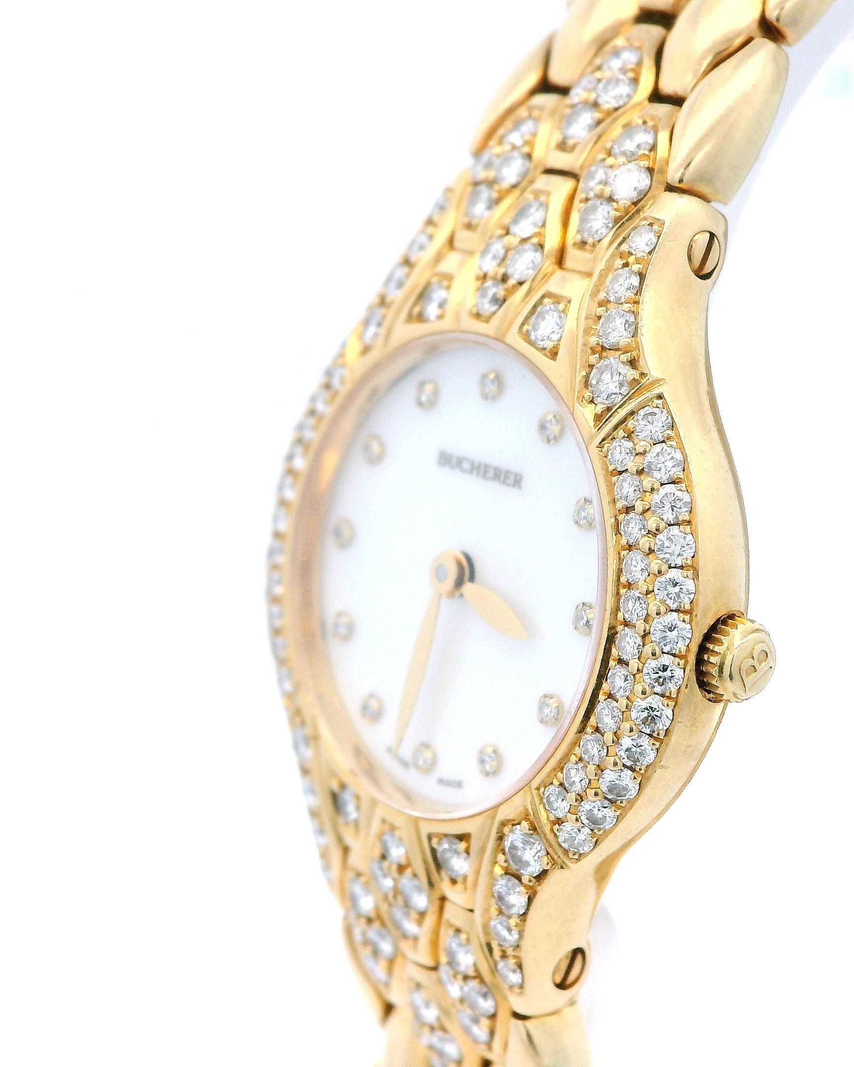 Bucherer Medea 18K Yellow Gold MOP Diamond Dial & Bezel Ladies Watch In Excellent Condition In Great Neck Plaza, NY