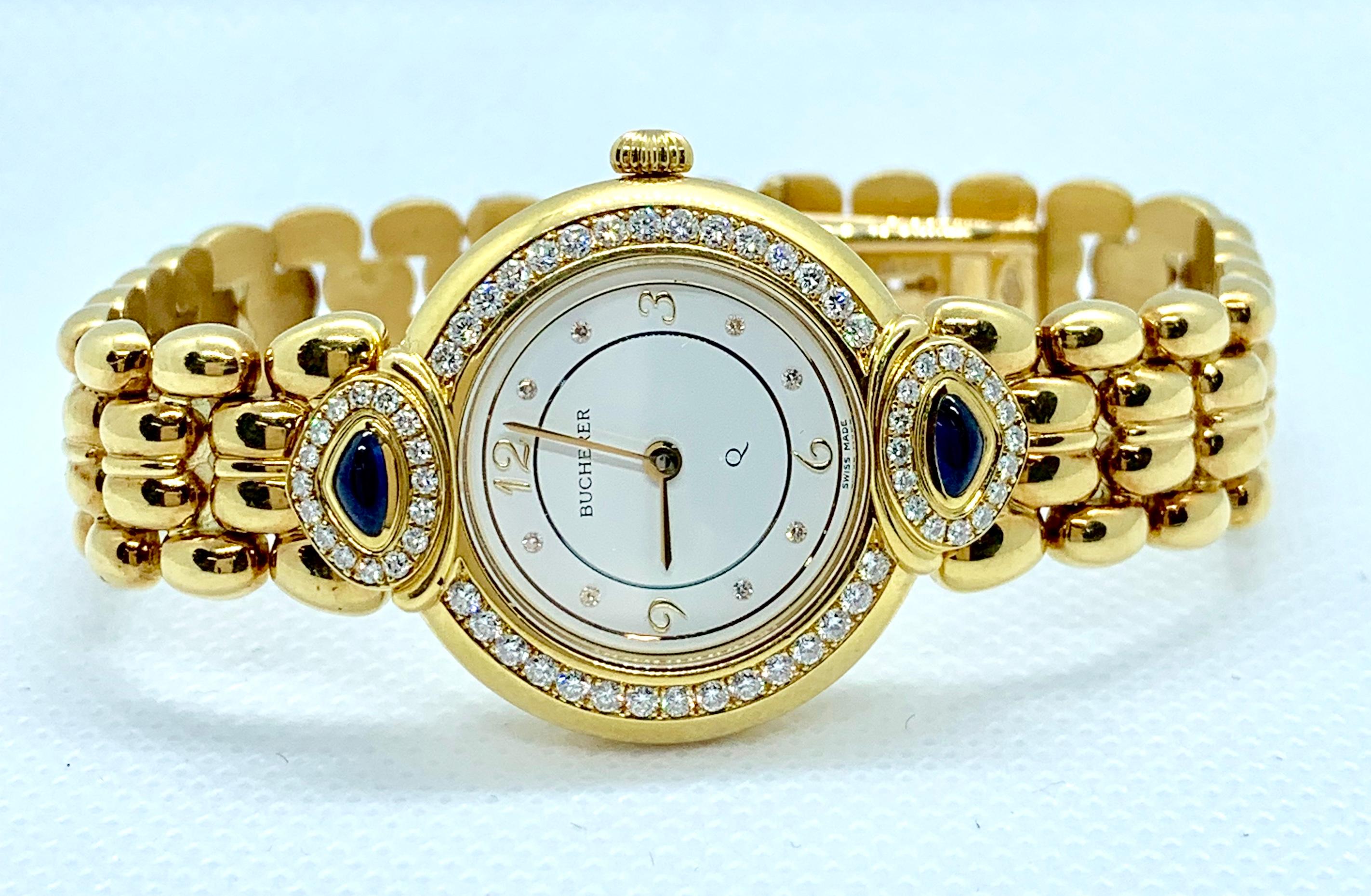 Women's Bucherer Paradiso 18 Karat Yellow Gold, Diamond and Sapphire Ladies Watch For Sale