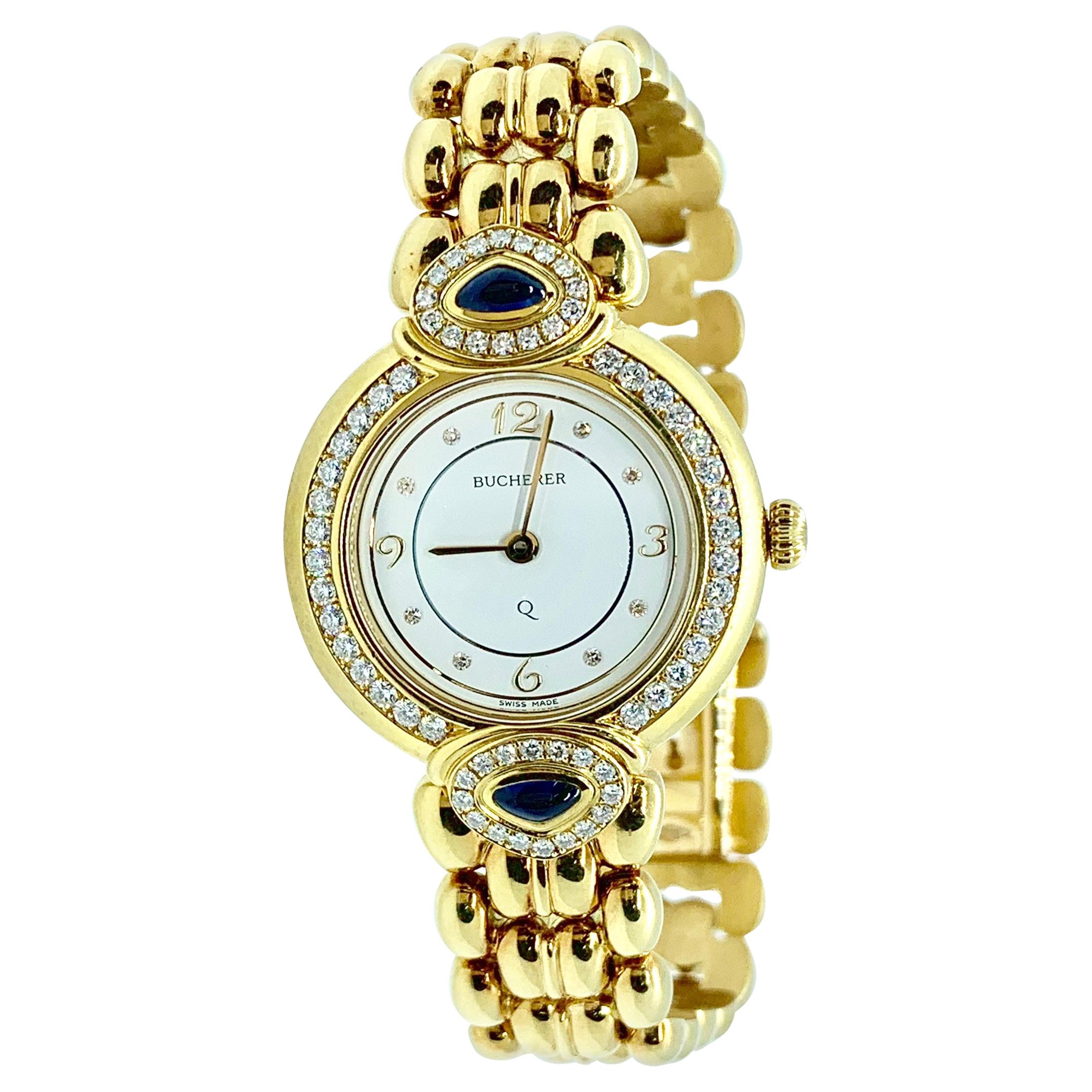 Bucherer Paradiso 18 Karat Yellow Gold, Diamond and Sapphire Ladies Watch For Sale