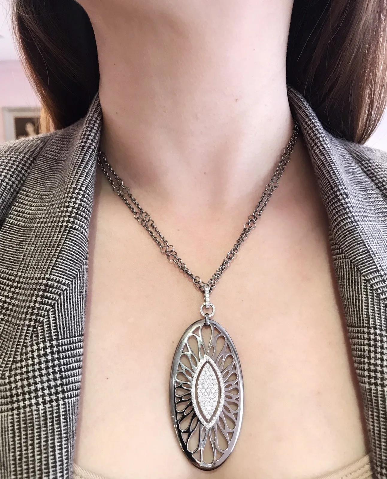 Oval Cut Bucherer Pave Diamond Pendant Necklace in 18k Black Rhodium Gold For Sale