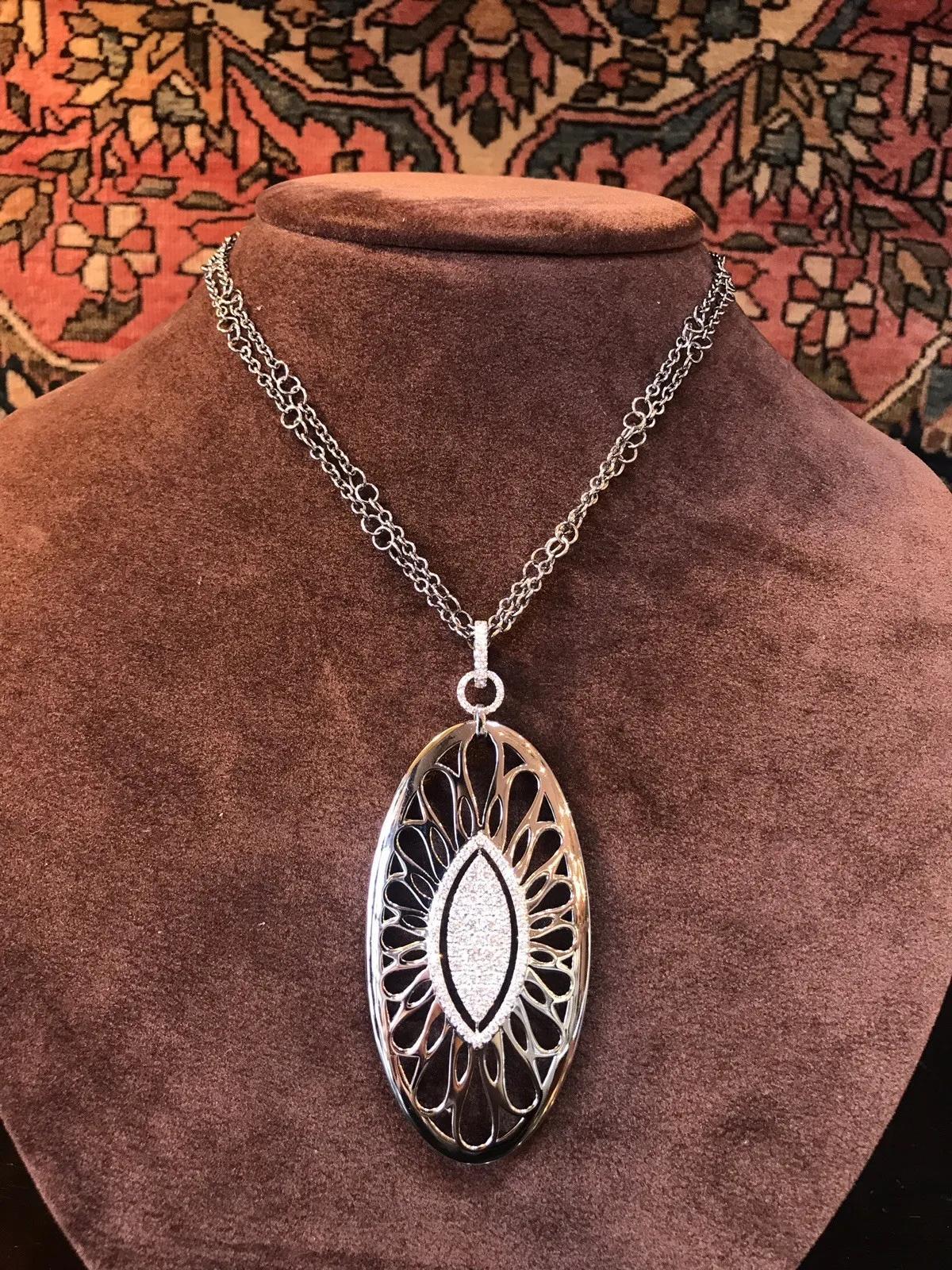 Bucherer Pave Diamond Pendant Necklace in 18k Black Rhodium Gold For Sale 1