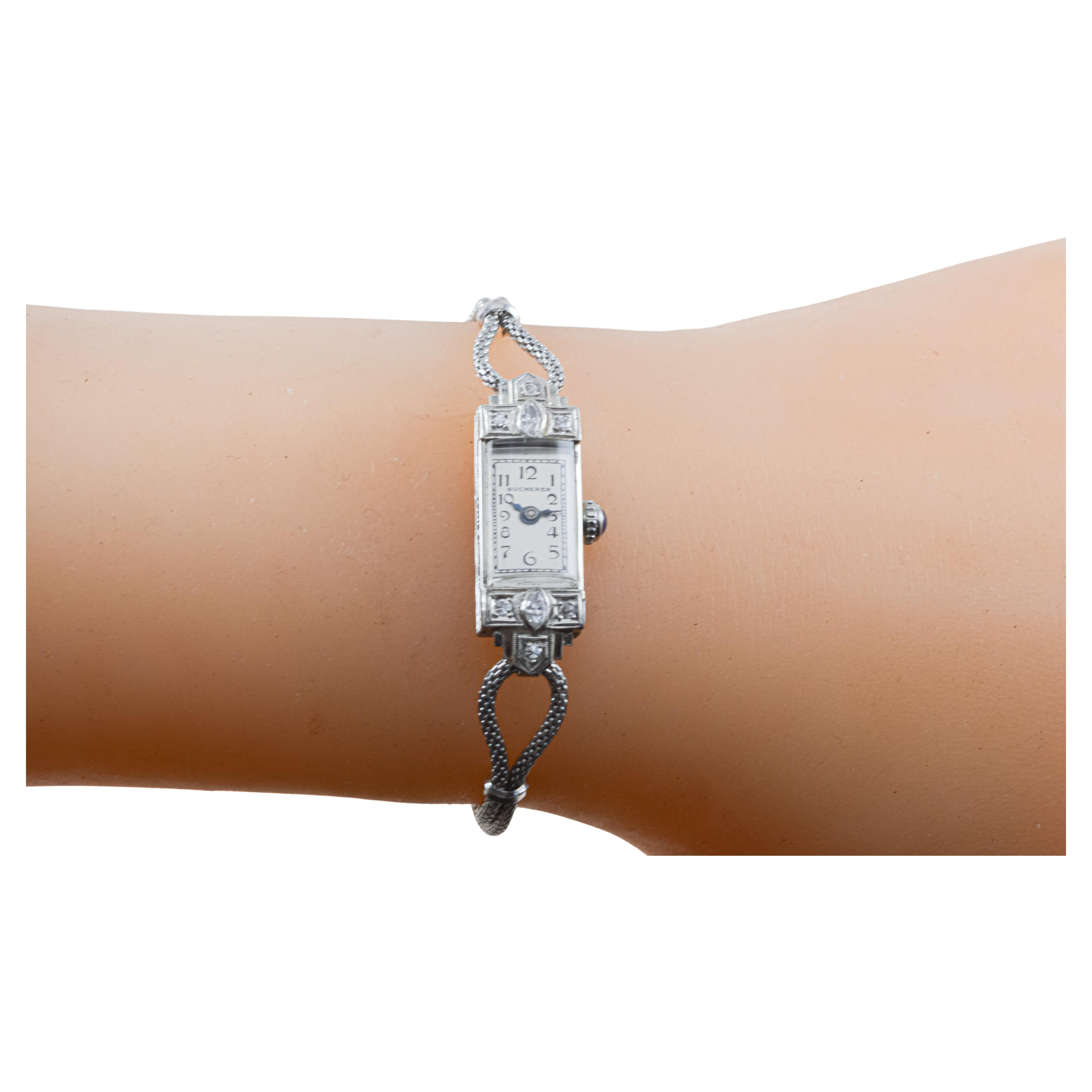 Bucherer Platin & 18Kt. Gold-Damenuhr im Damenkleid-Stil 1940er Jahre im Angebot 7