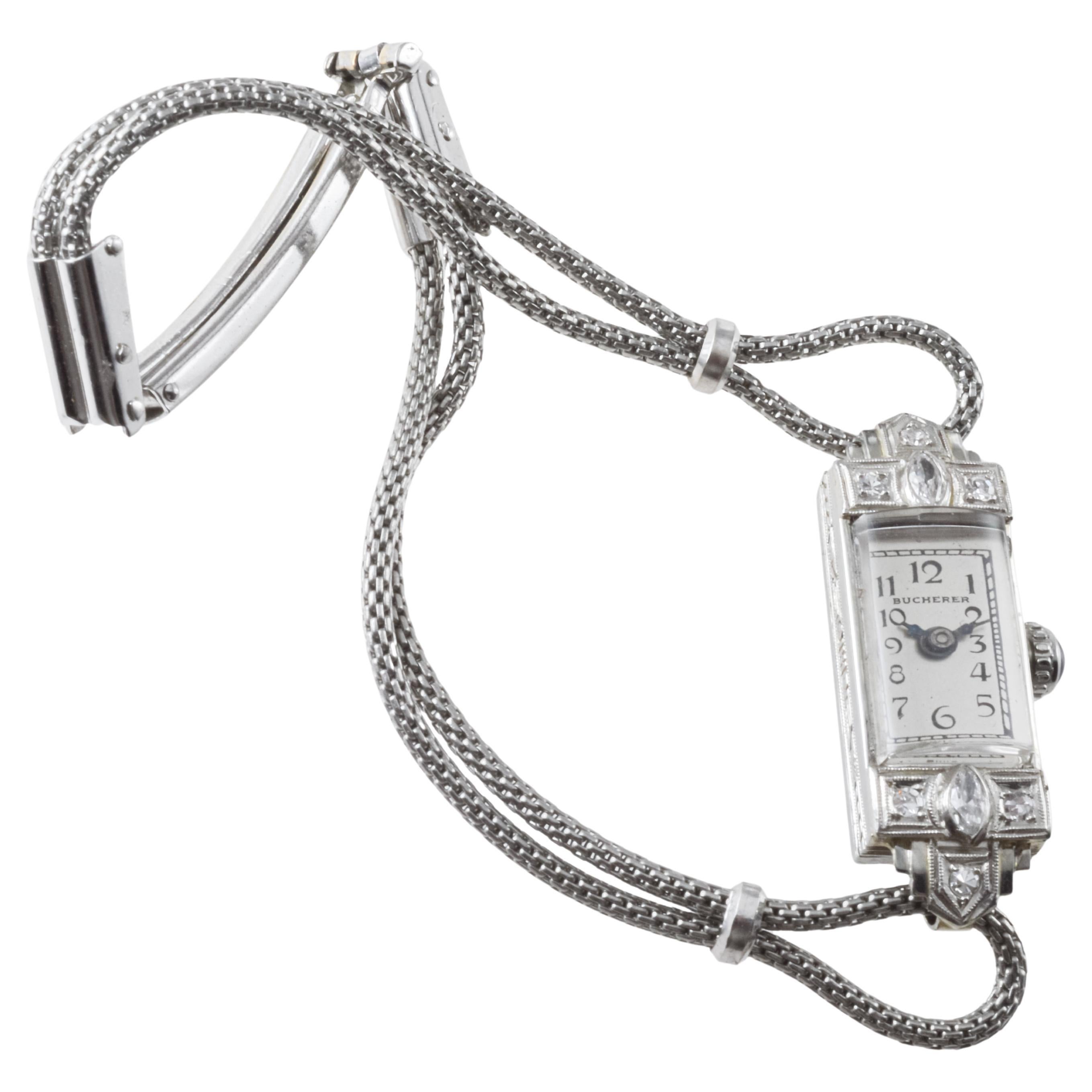 Bucherer Platin & 18Kt. Gold-Damenuhr im Damenkleid-Stil 1940er Jahre (Art déco) im Angebot