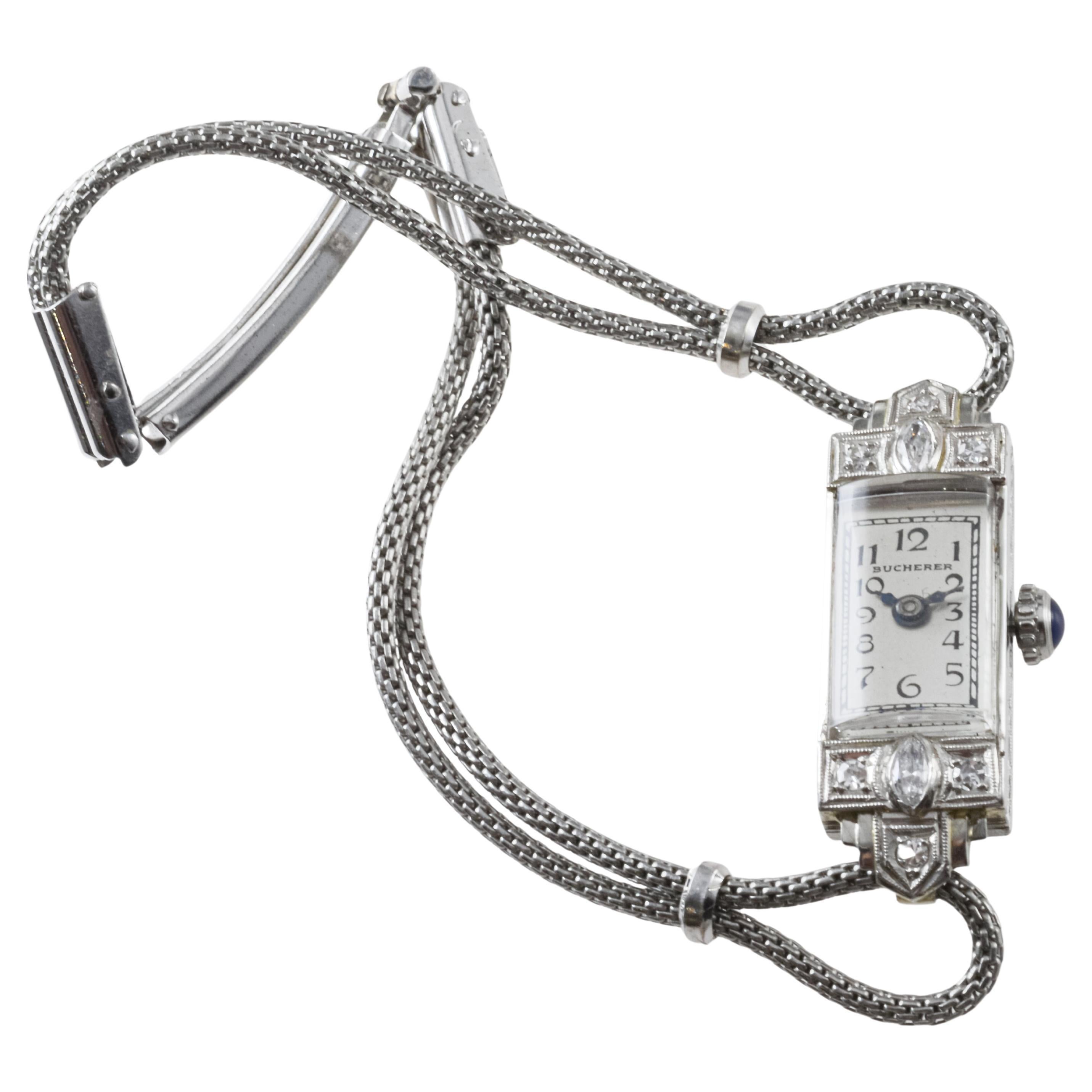 Bucherer Platin & 18Kt. Gold-Damenuhr im Damenkleid-Stil 1940er Jahre im Angebot