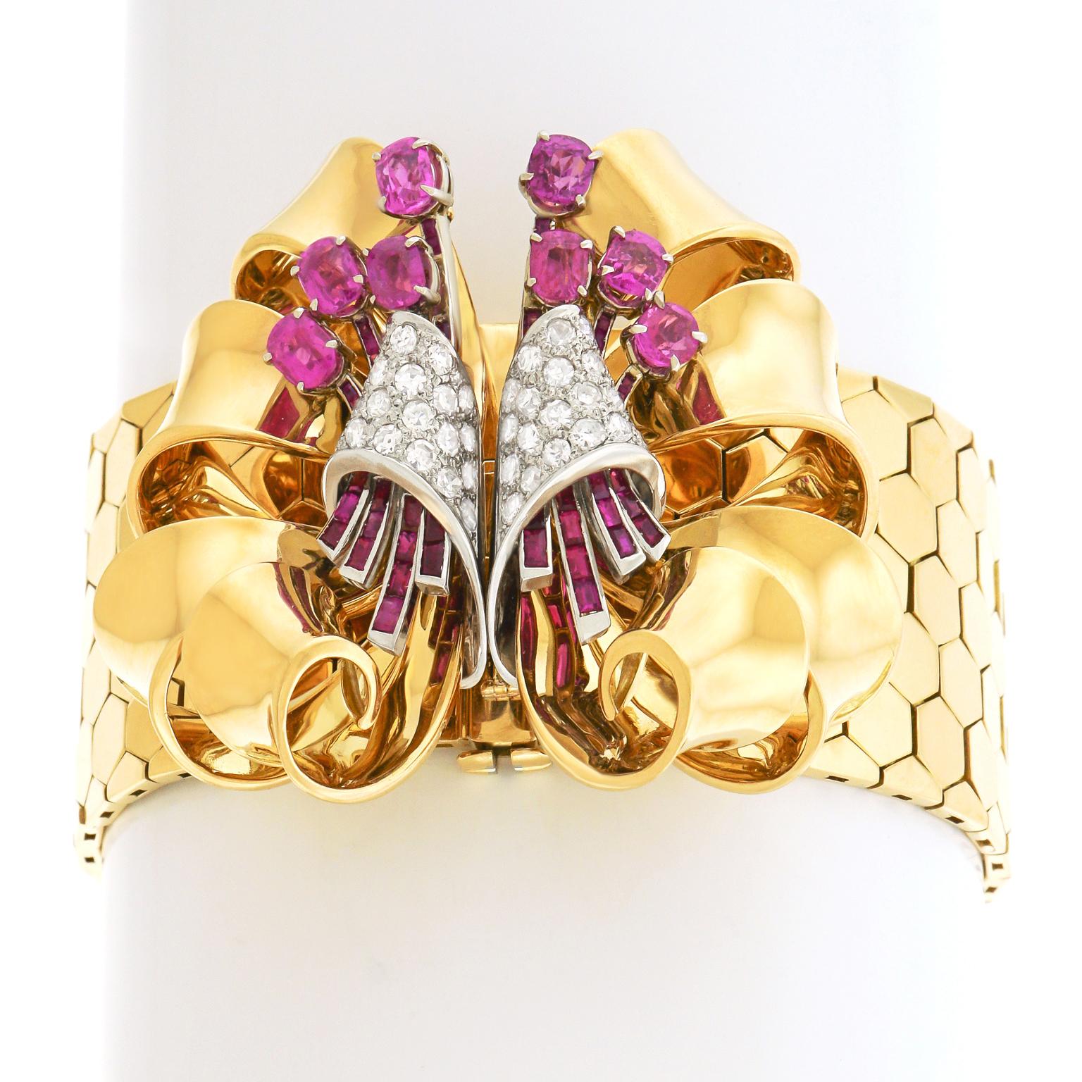 Bucherer Retro Pink Sapphire and Diamond Set Gold Bracelet In Excellent Condition In Litchfield, CT