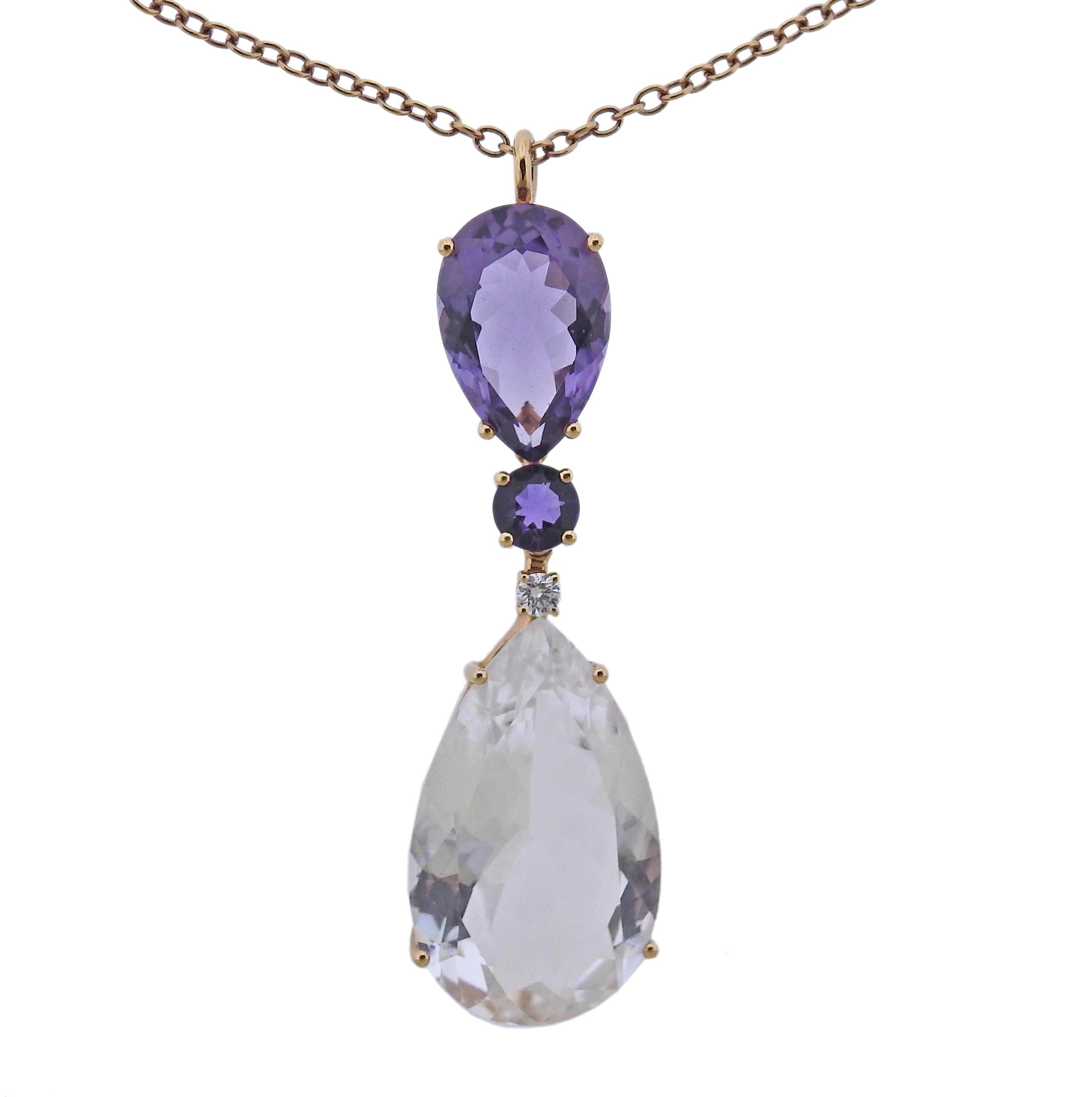 Round Cut Bucherer Rose Gold Diamond Amethyst Crystal Pendant Necklace For Sale