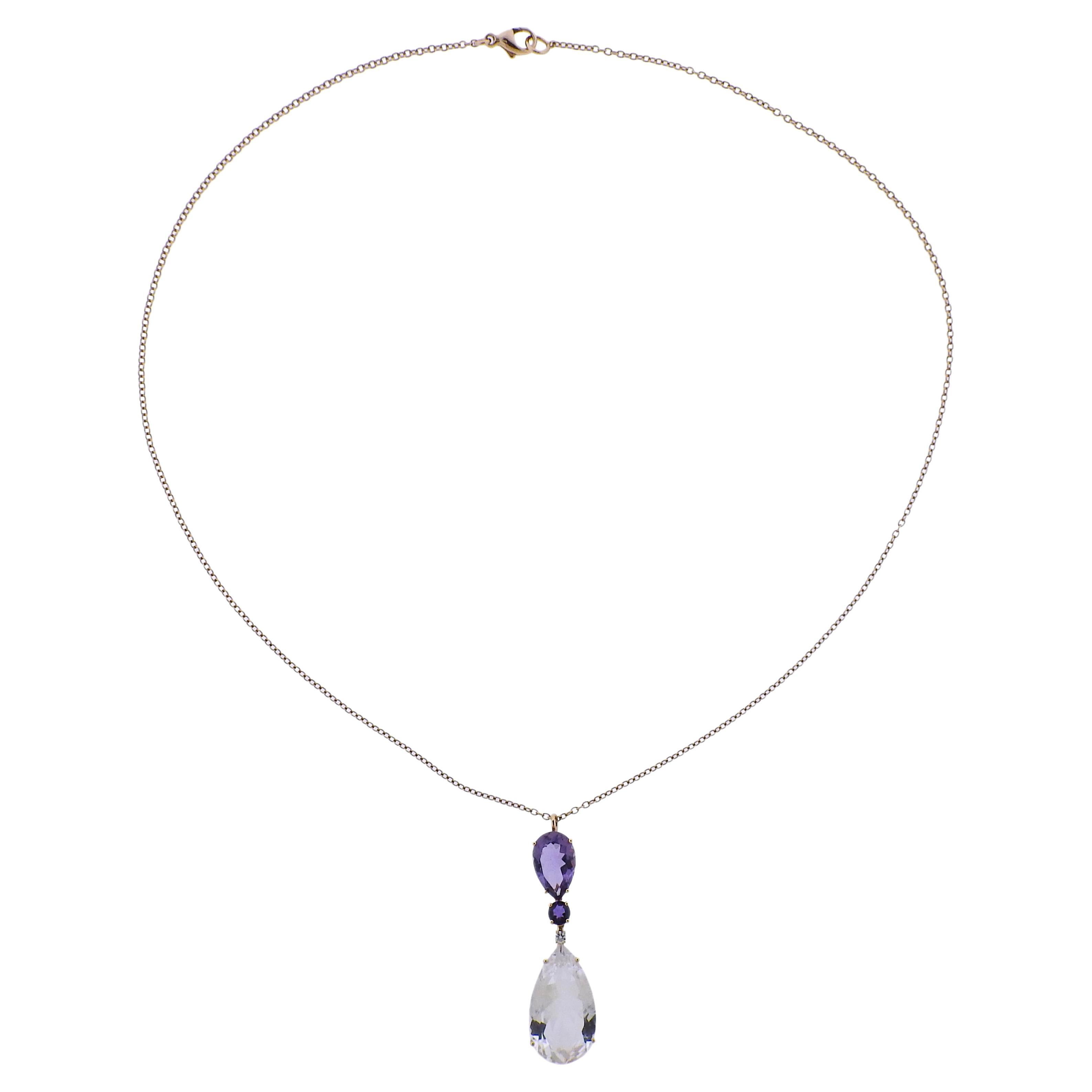 Bucherer Rose Gold Diamond Amethyst Crystal Pendant Necklace For Sale