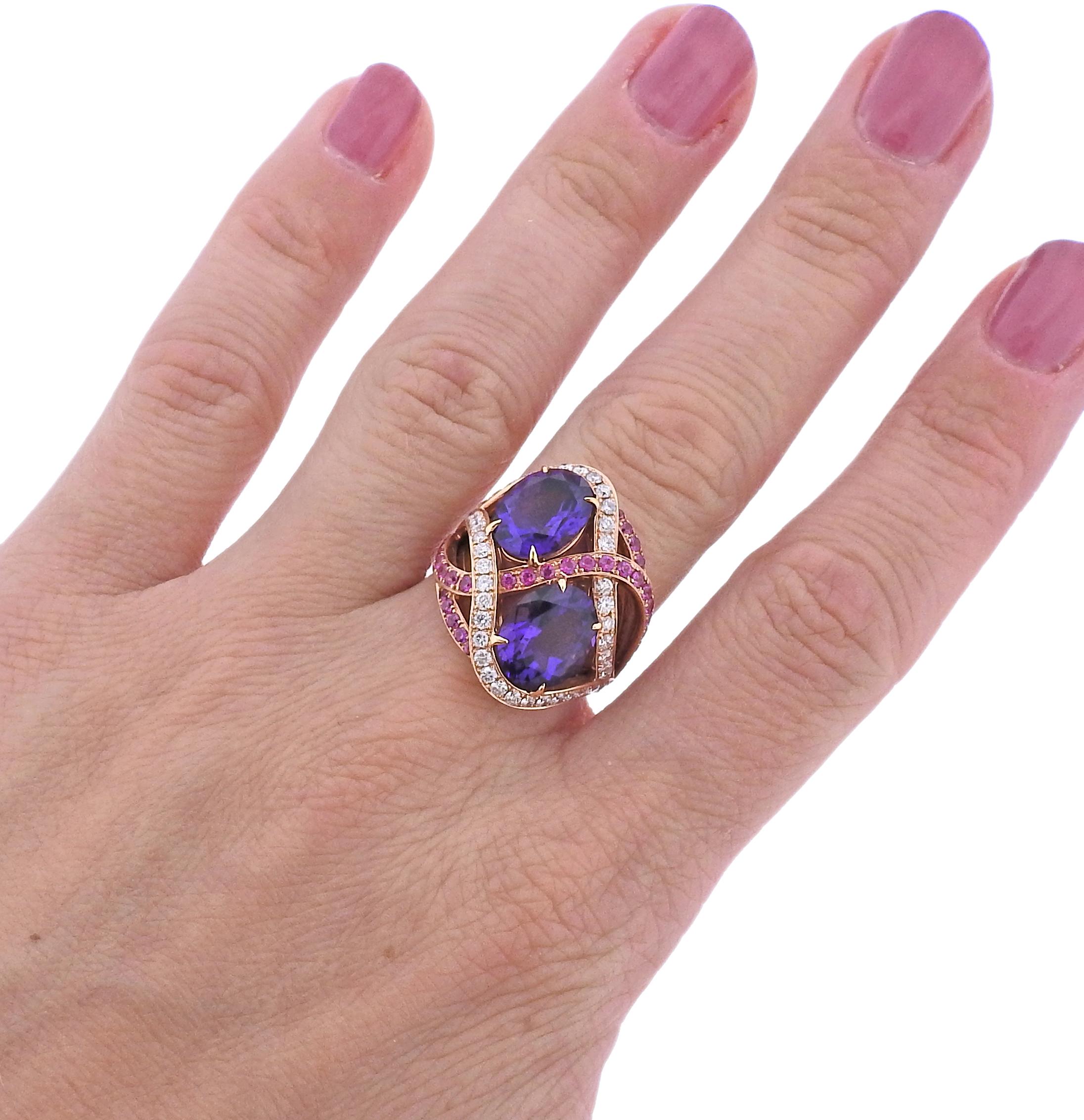 Brand new with tag Bucherer 18k gold ring, with 0.85ctw G/VS diamonds, 6.44ctw amethyst and 0.80ctw sapphires.  Comes with box. Ring size - 7, ring top is 25mm wide.  Weight - 13.2 grams. Marked: CB 750.