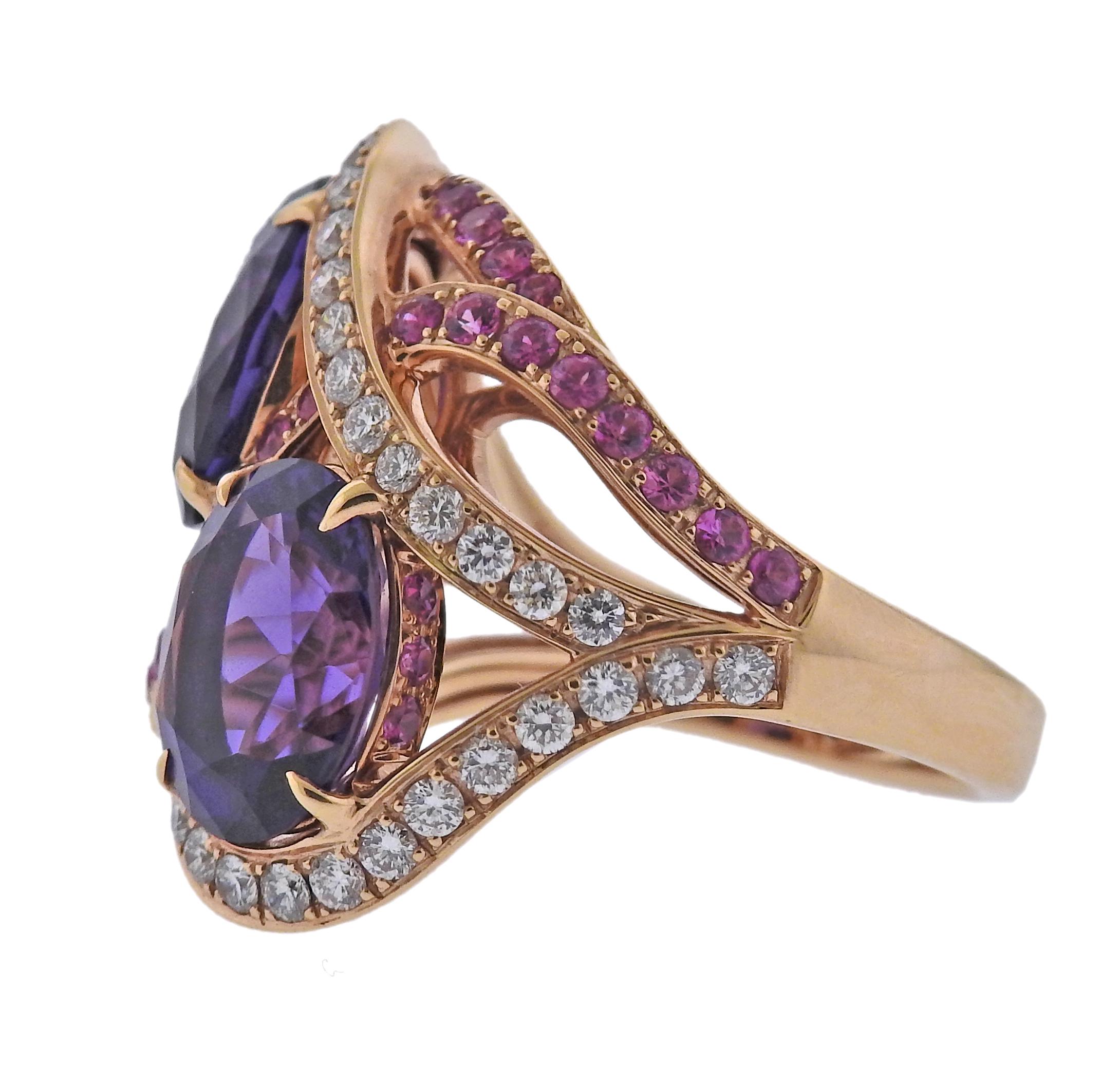 Round Cut Bucherer Rose Gold Diamond Amethyst Sapphire Cocktail Ring For Sale