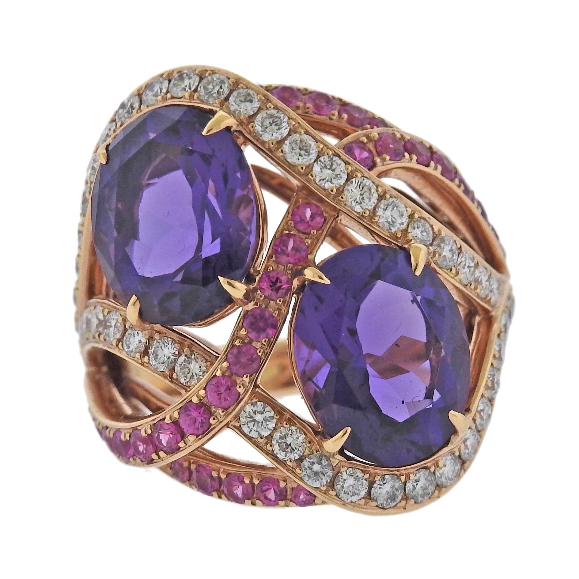 Bucherer Rose Gold Diamond Amethyst Sapphire Cocktail Ring For Sale