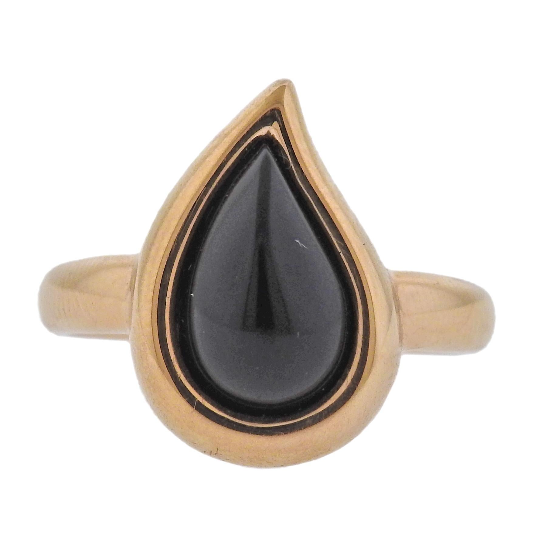 Brand new with tag Bucherer ring, in 18k gold with teardrop shaped 3.10ct onyx. Retail $3150. Comes with box.  Ring size - 8, ring top is 20mm x 14mm. Weight - 9.7 grams. Marked: CB 750.