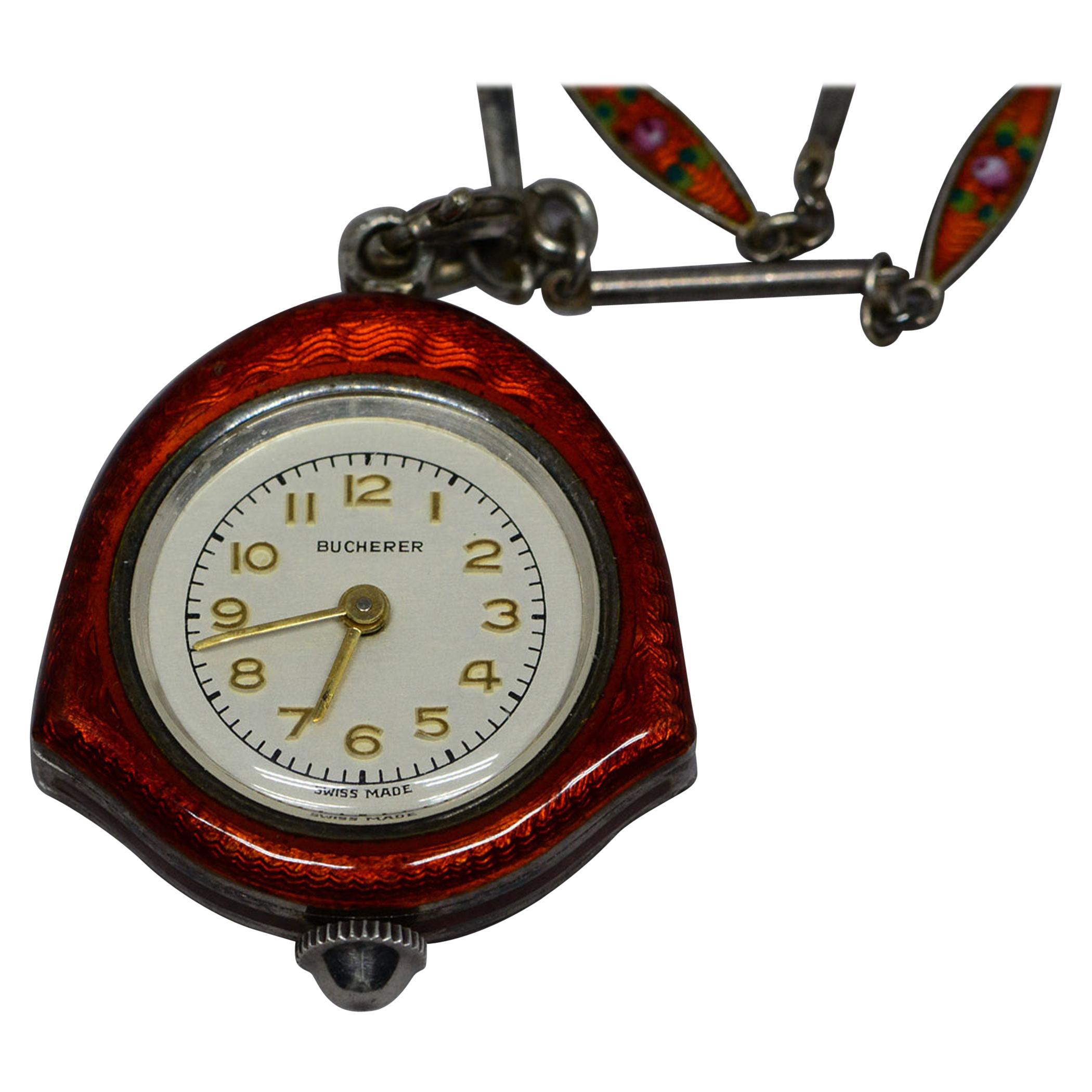 Bucherer Silver and Enamel Watch Pendant