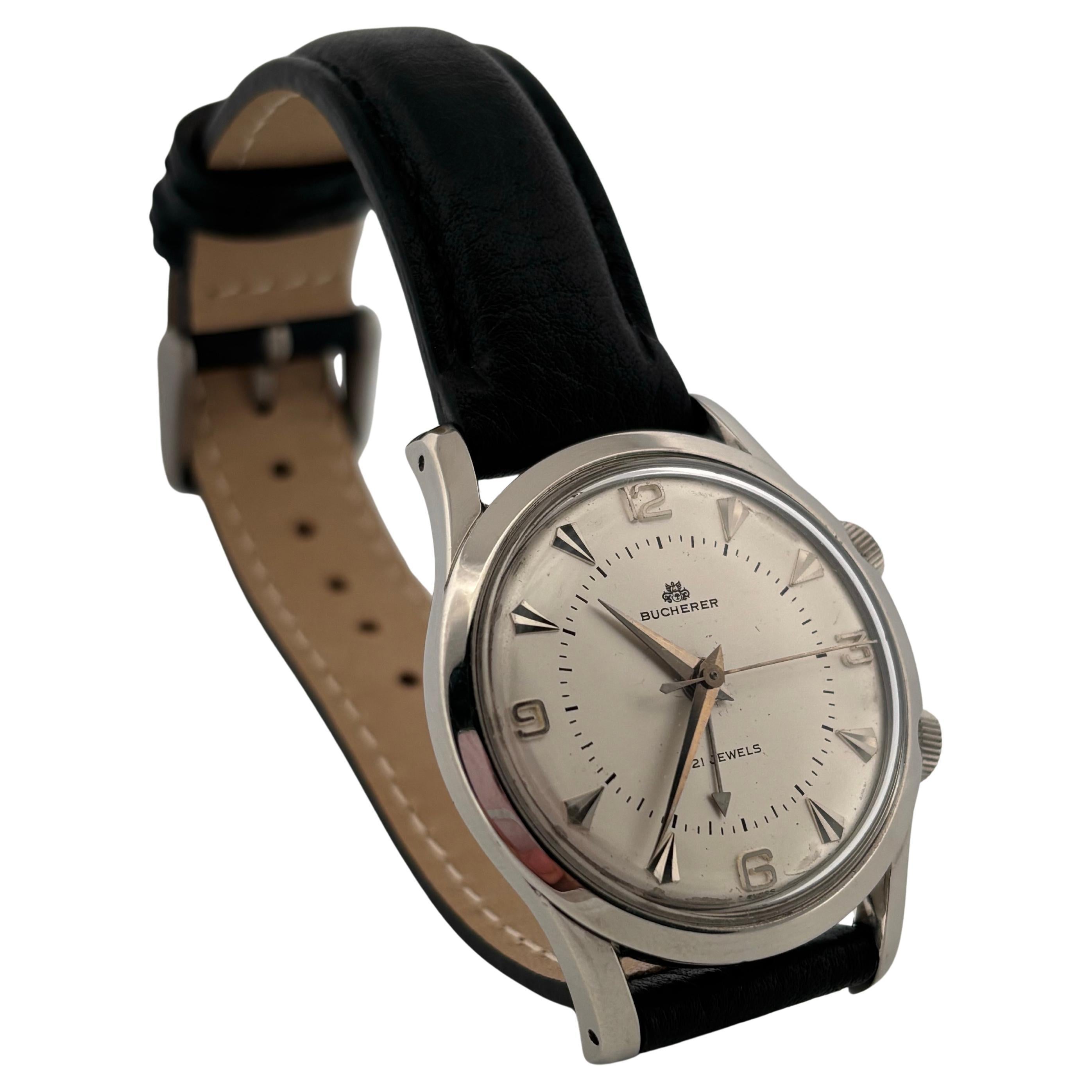 Retro Bucherer Stainless Steel Mechanical Alarm Clock Wrist Watch 34 Millimeter For Sale