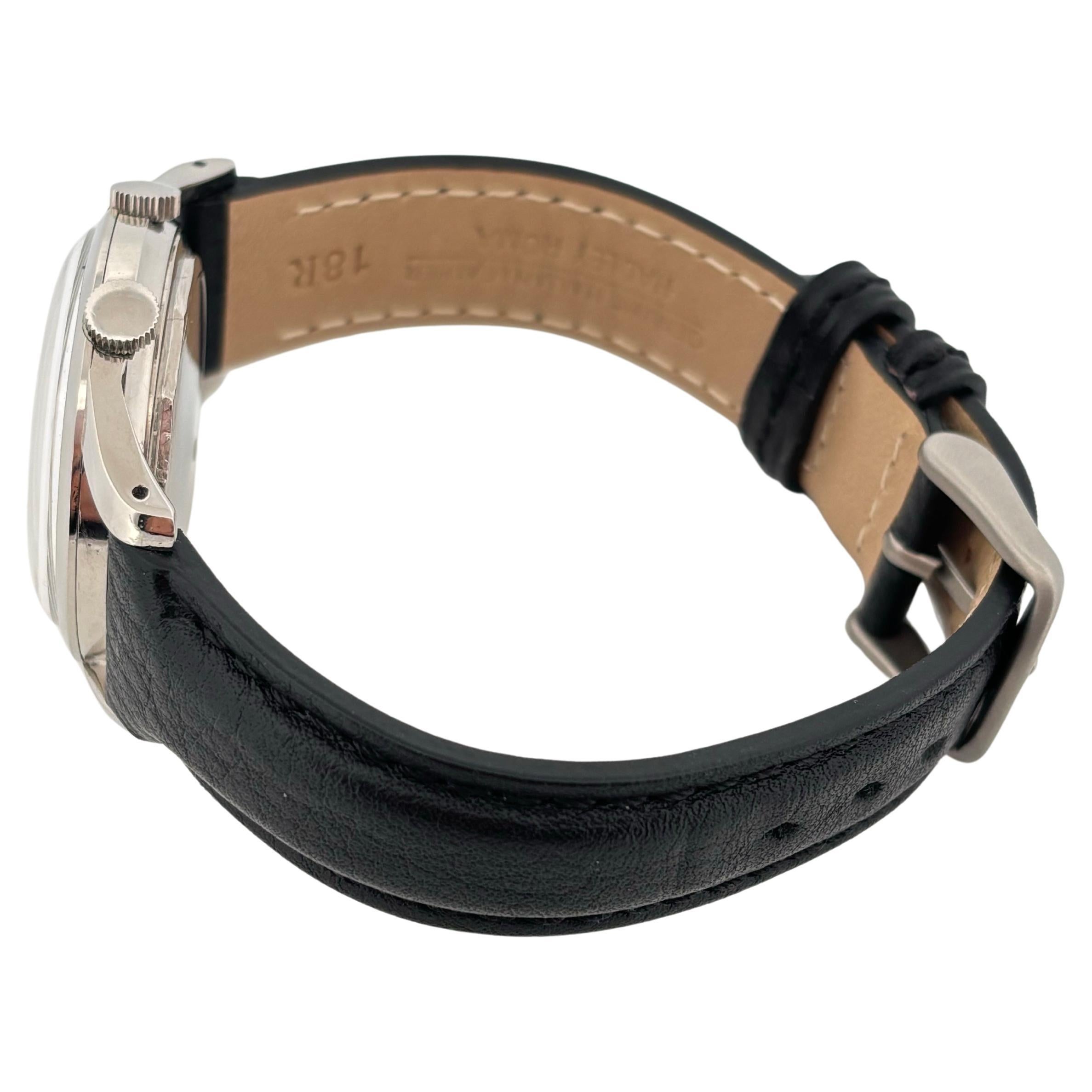 Bucherer Stainless Steel Mechanical Alarm Clock Wrist Watch 34 Millimeter In Good Condition For Sale In Sewickley, PA