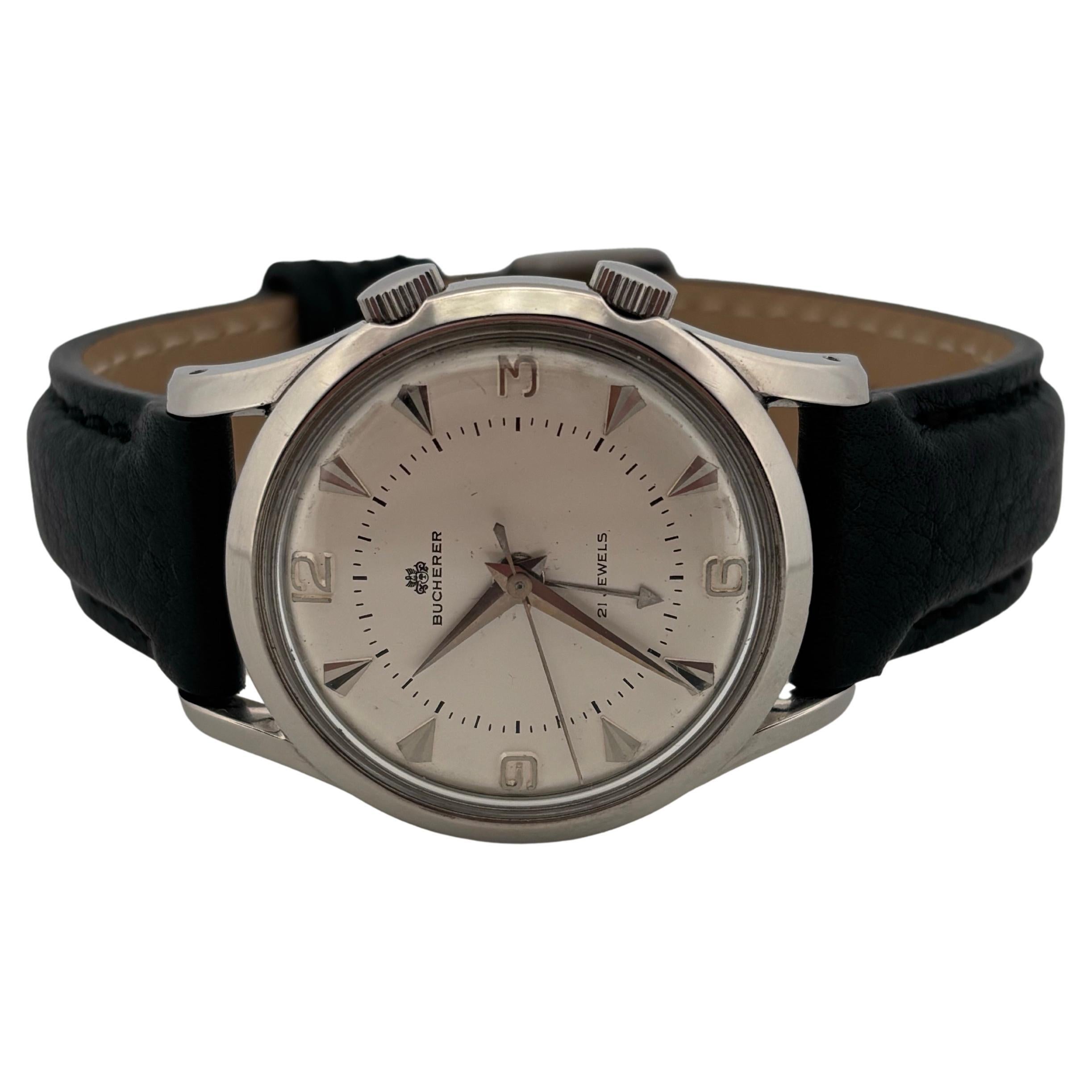 Bucherer Stainless Steel Mechanical Alarm Clock Wrist Watch 34 Millimeter For Sale