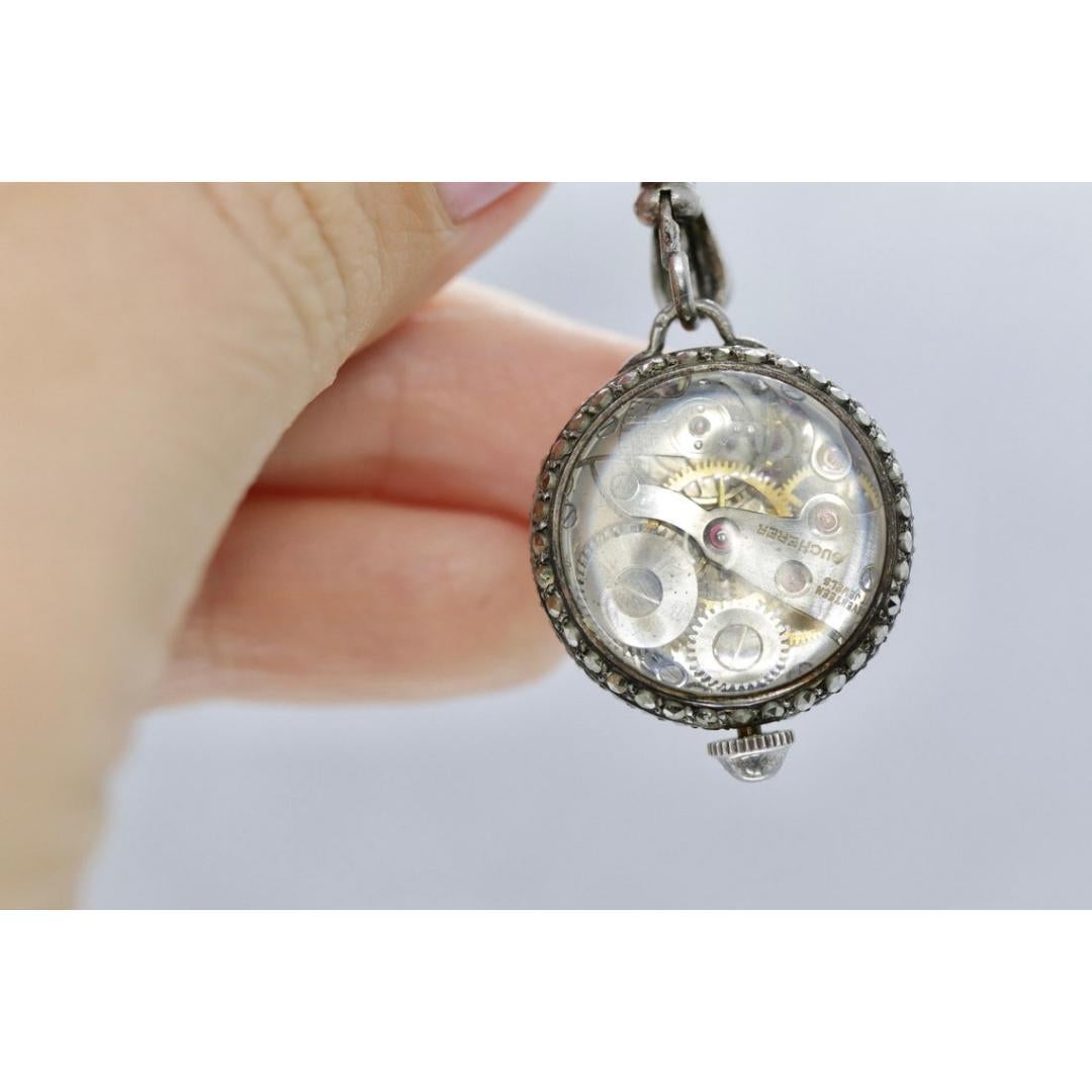 Women's BUCHERER sterling silver and Marcasite manual watch. PIN Brooch Mechanical watch For Sale