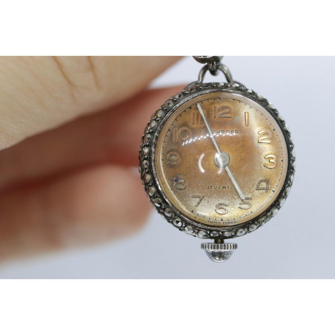 BUCHERER sterling silver and Marcasite manual watch. PIN Brooch Mechanical watch For Sale 3