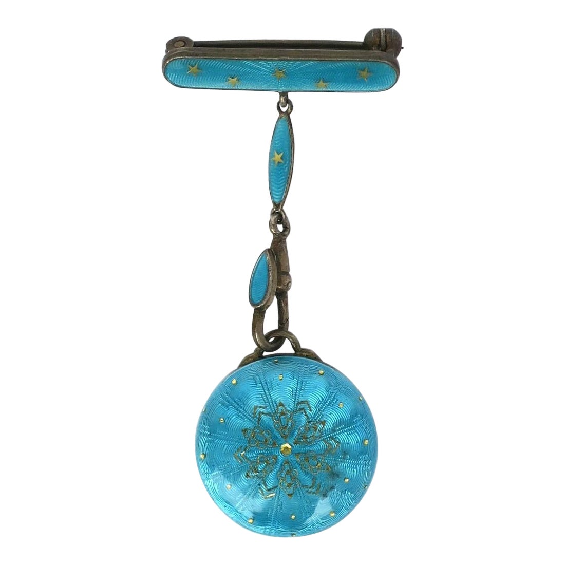 Spilla e portaorologio Bucherer in argento sterling smaltato Guilloche, svizzera in vendita