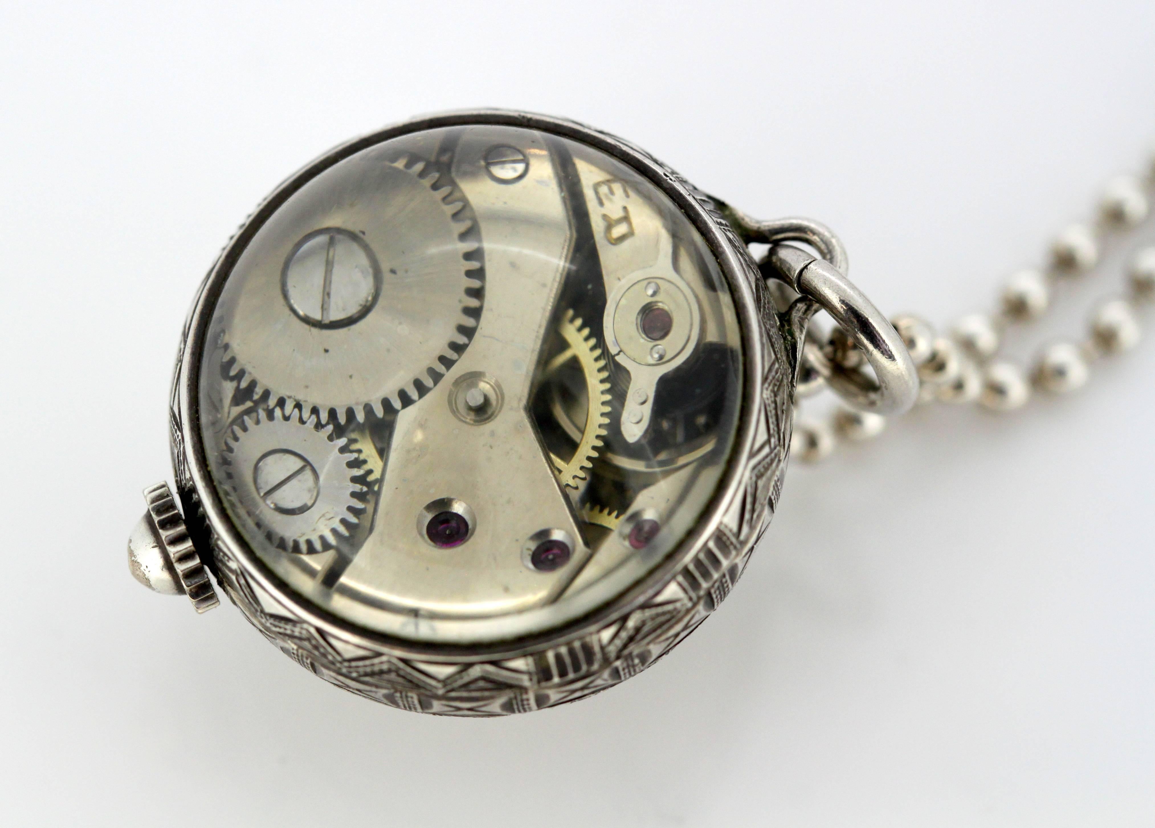 Bucherer Sterling Silver Manual Winding Chain Watch, circa 1950s 1