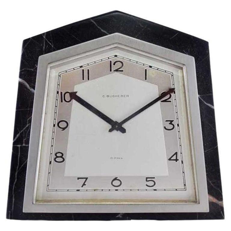 Art déco Bucherer Stone and Metal Art Deco Desk Clock with Original Dial 1930's en vente