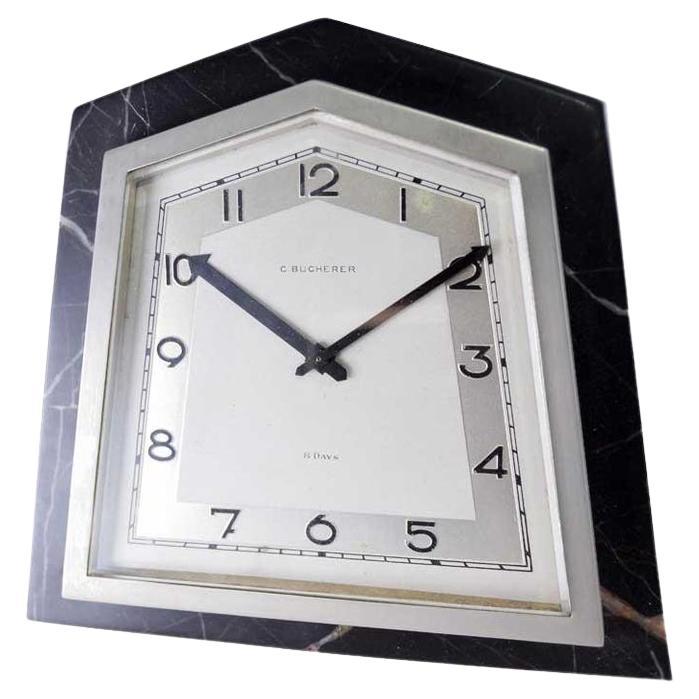 Bucherer Stone and Metal Art Deco Desk Clock with Original Dial 1930's en vente