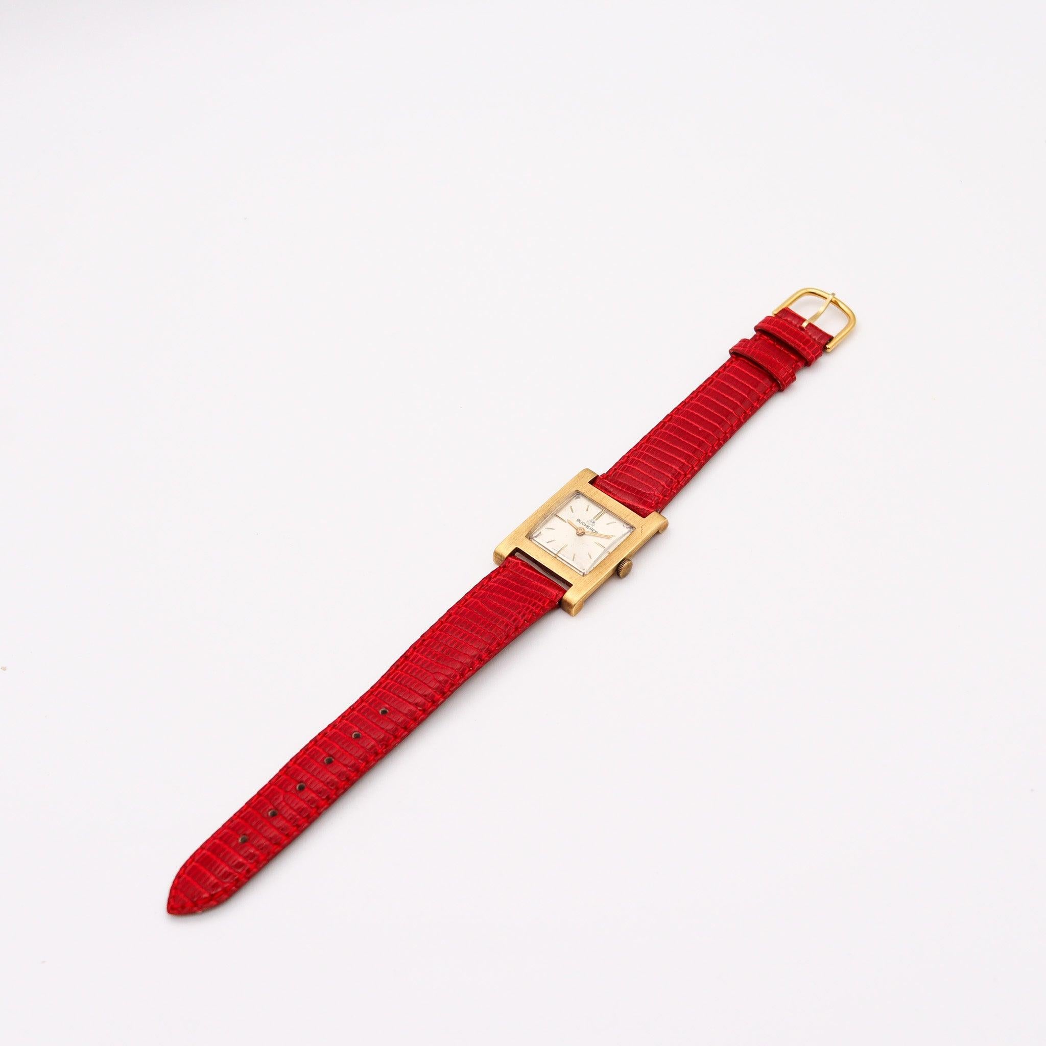BUCHERER Swiss Wristwatch In 18Kt Yellow Gold With Red Lizard Leather Strap For Sale 5