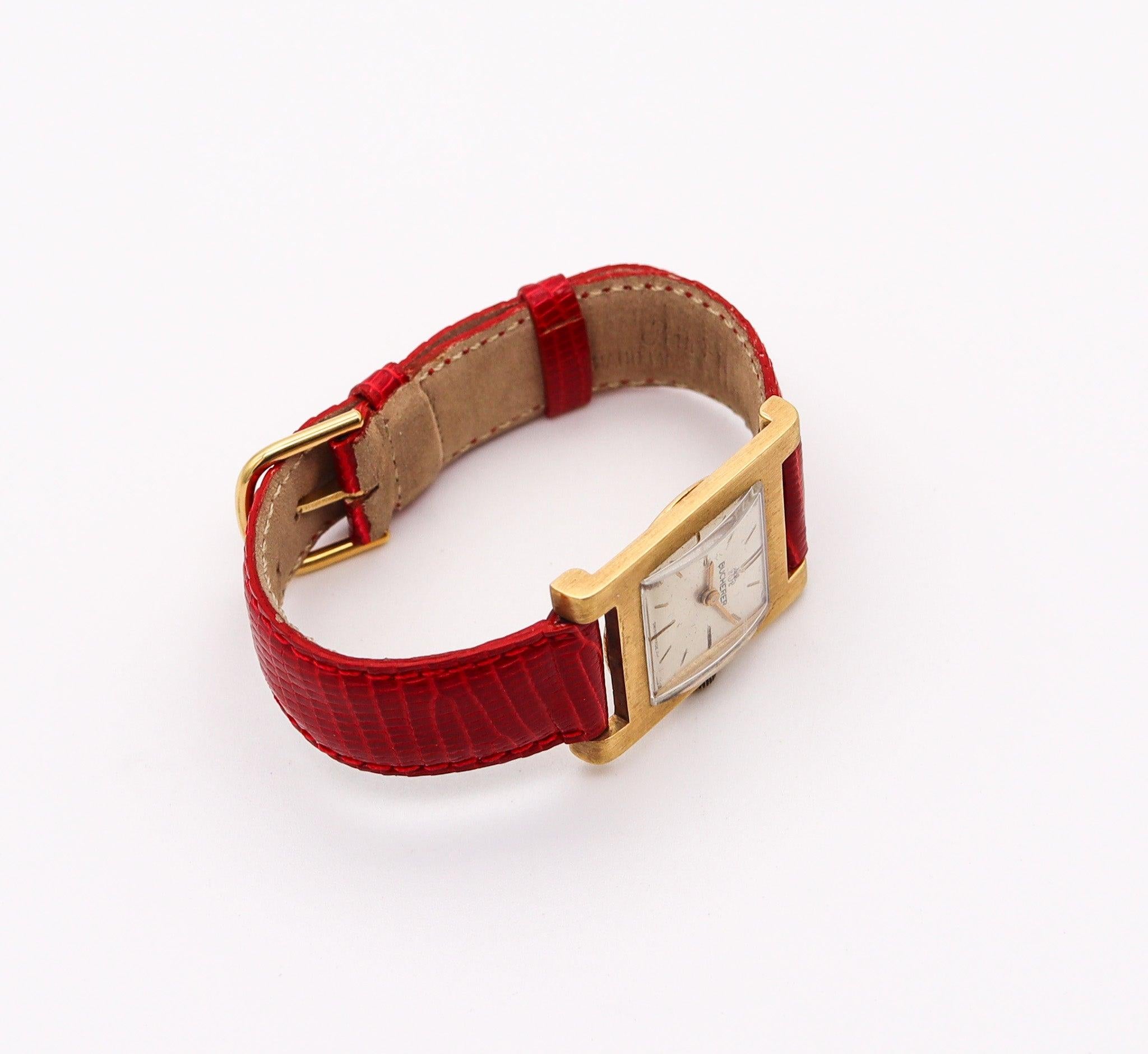 BUCHERER Swiss Wristwatch In 18Kt Yellow Gold With Red Lizard Leather Strap In Excellent Condition For Sale In Miami, FL