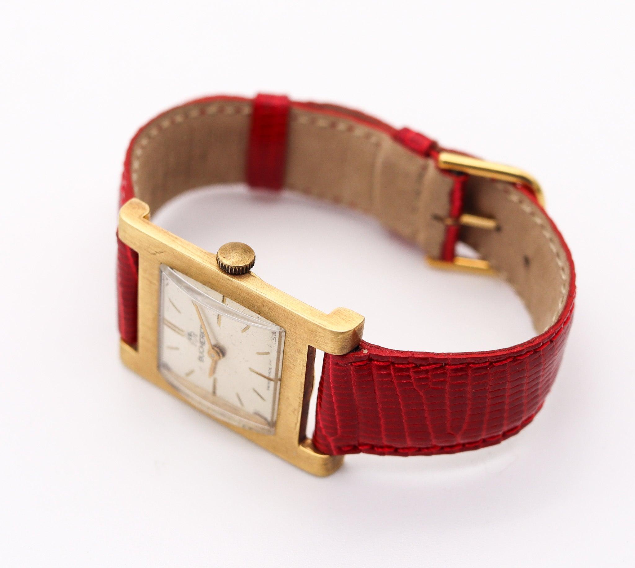 Women's or Men's BUCHERER Swiss Wristwatch In 18Kt Yellow Gold With Red Lizard Leather Strap For Sale