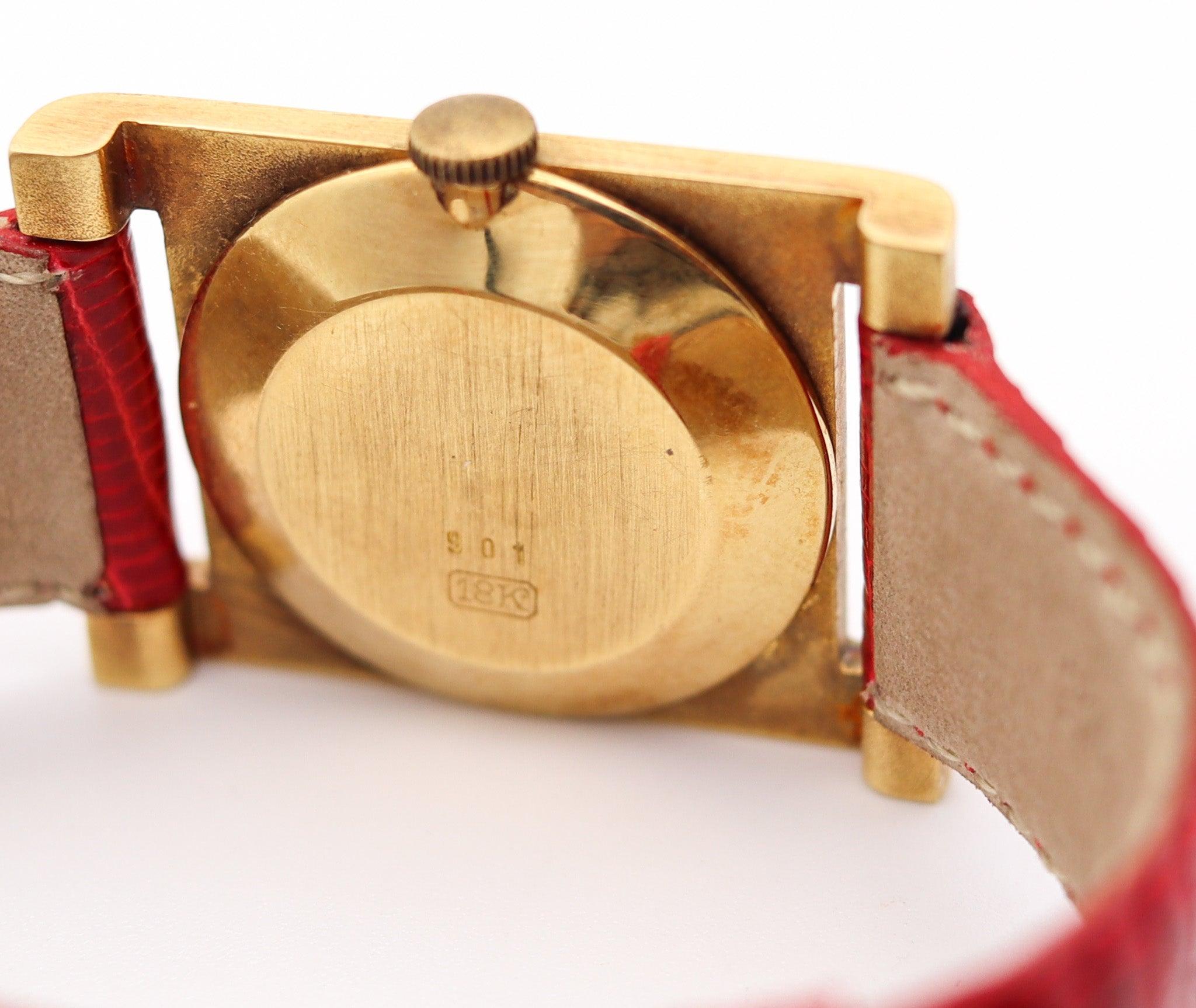 BUCHERER Swiss Wristwatch In 18Kt Yellow Gold With Red Lizard Leather Strap For Sale 2