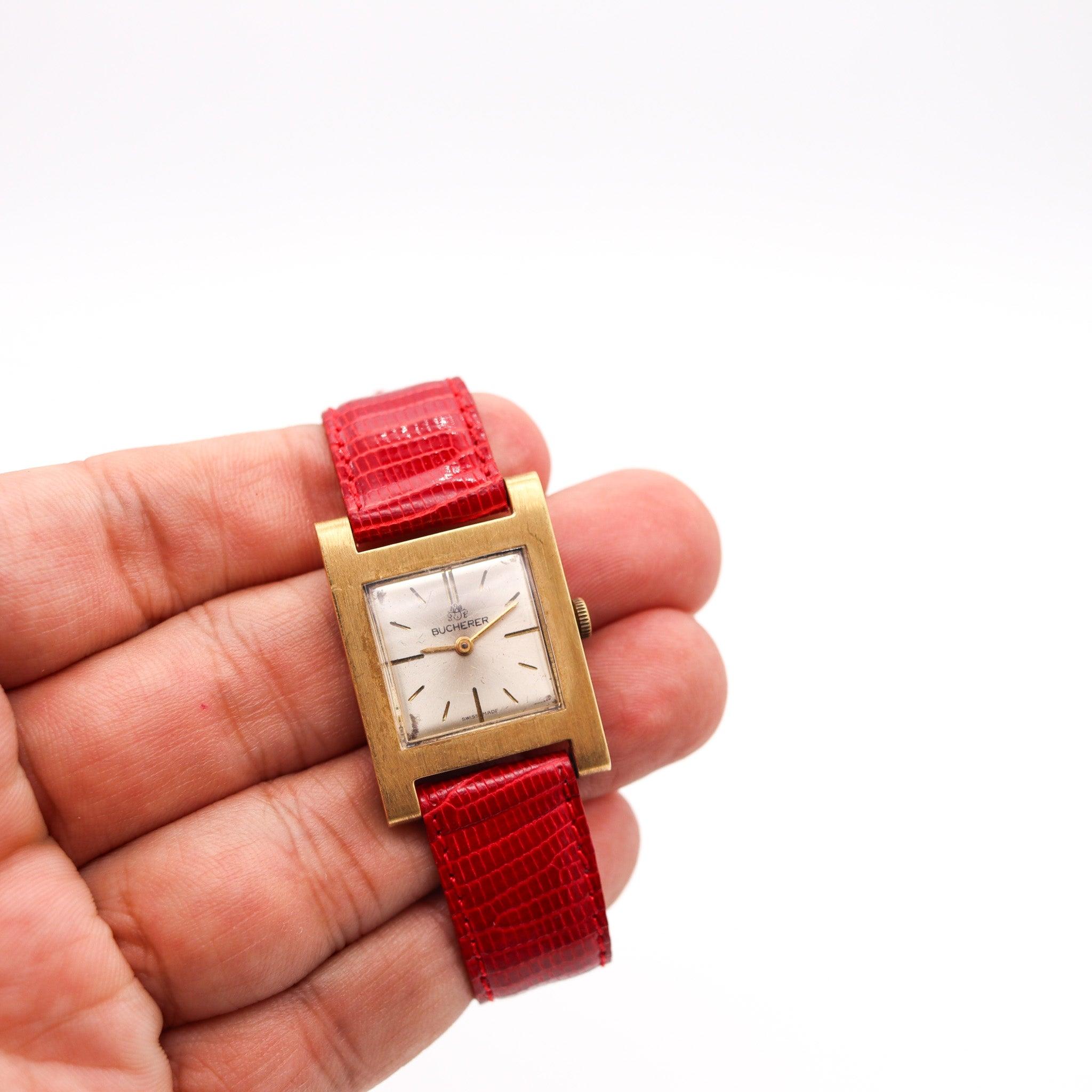 BUCHERER Swiss Wristwatch In 18Kt Yellow Gold With Red Lizard Leather Strap For Sale 3